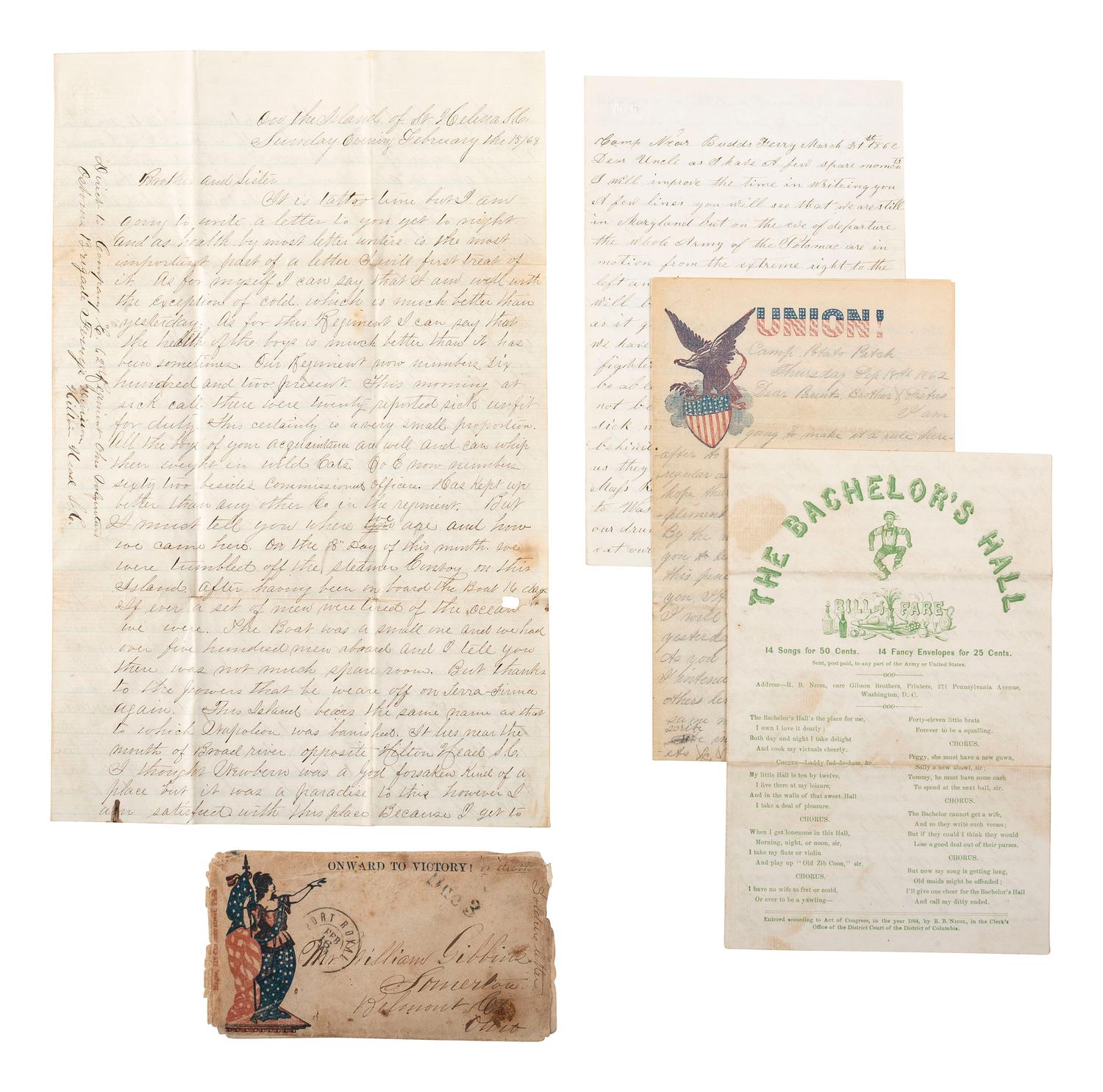 [CIVIL WAR]. A group of 4 soldiers' letters with descriptions of African Americans, including discussion of conditions for formerly enslaved persons on abandoned plantations on St. Helena, South Carolina.