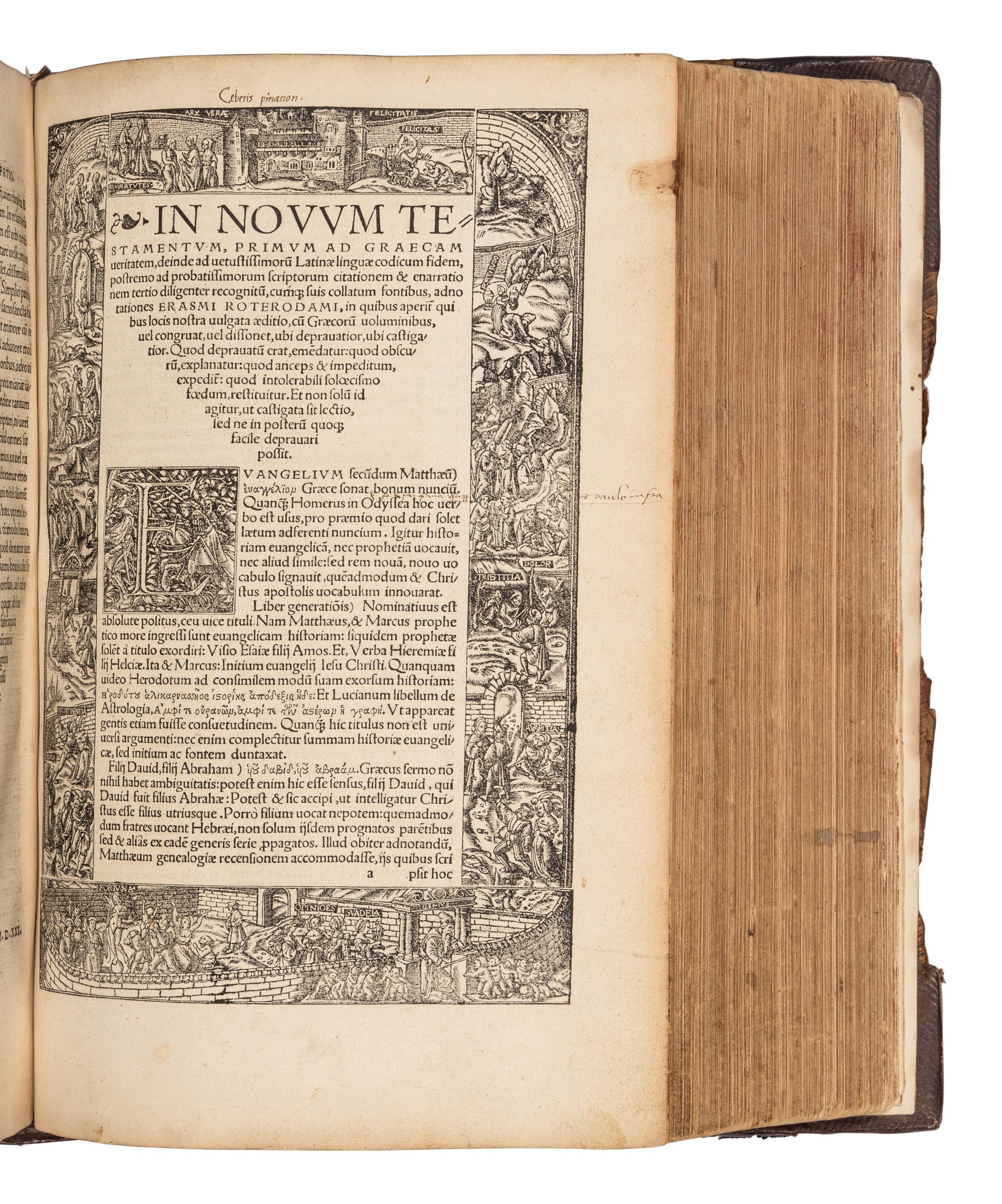 [BIBLE, in Greek and Latin]. ERASMUS, Desiderius. Novum testamentum omne, tertio iam ac diligentius ab Erasmo Roterodamo recognitum . -- Des Erasmi Roterodami in Novum Testamentum ab codem tertio recognitum, Annotationes... Basel: Froben, 1522