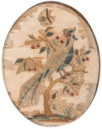 A Pair of Needlework Embroidered Pictures of Perched Birds with Butterflies
