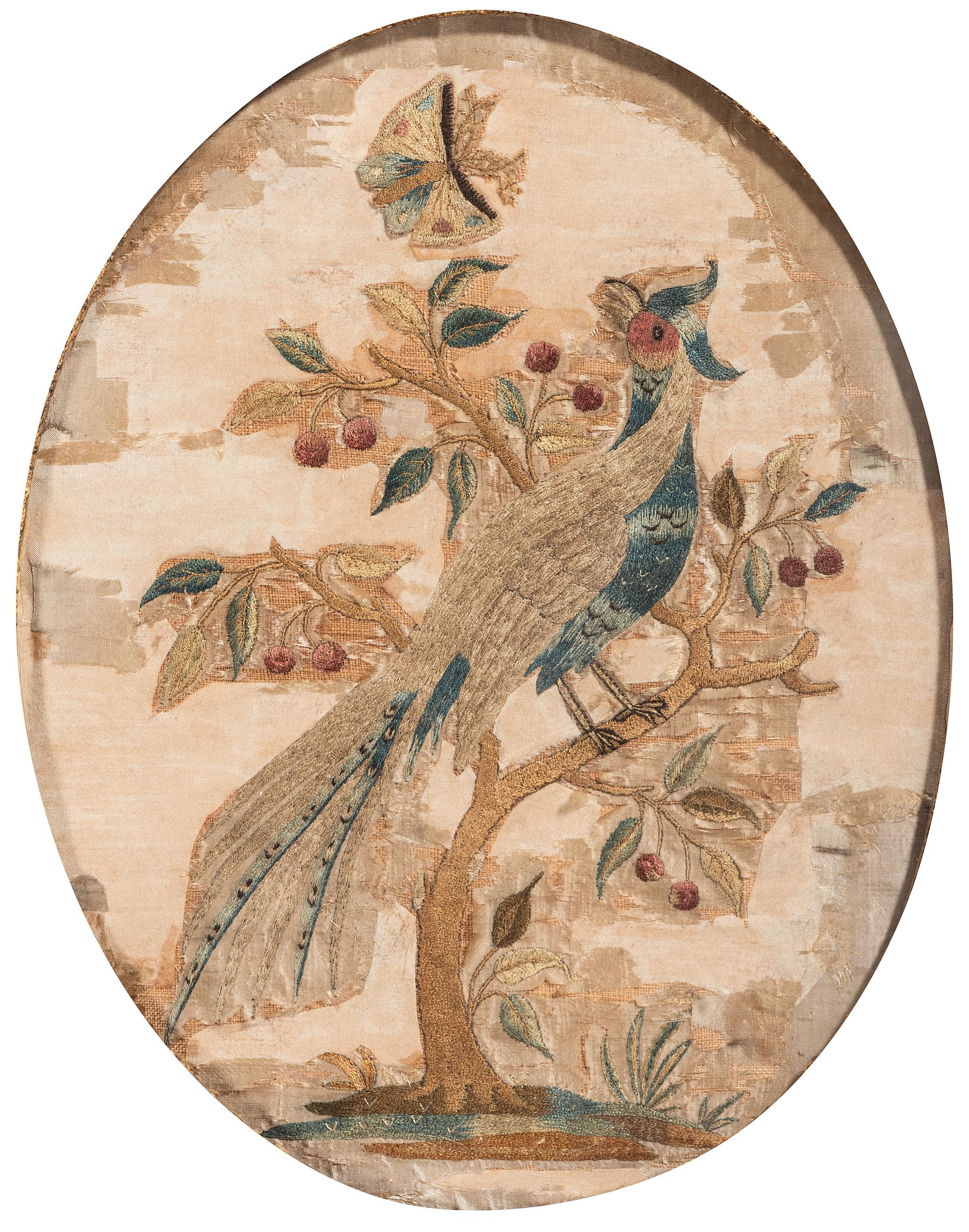 A Pair of Needlework Embroidered Pictures of Perched Birds with Butterflies
