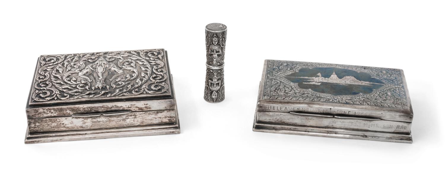 Three Thai Silver Articles, 20th Century, comprising a niello decorated cigarette box stamped Sterling Siam, an elephant cigarette box