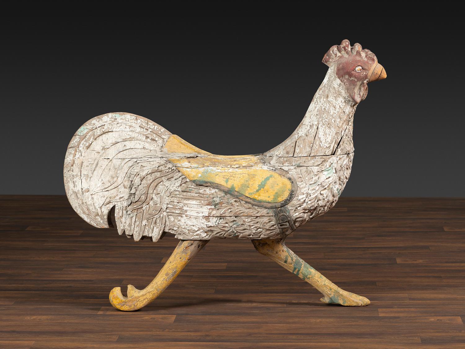 A Carved and Painted Wood Rooster Carousel Figure