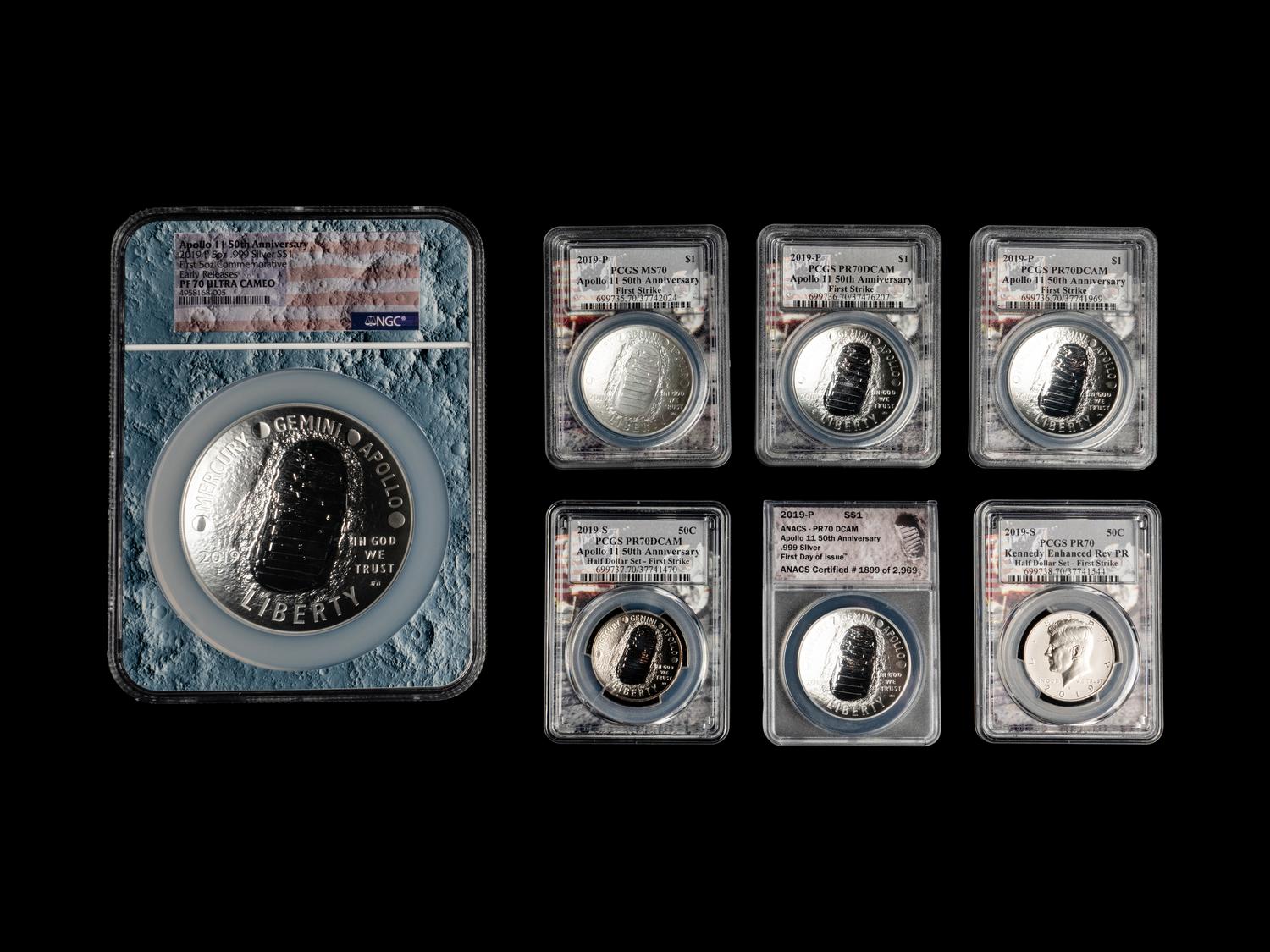 A Group of Seven 2019 NGC, PCGS and ANACS Graded MS70/PF70 Apollo 11 Commemorative Coins