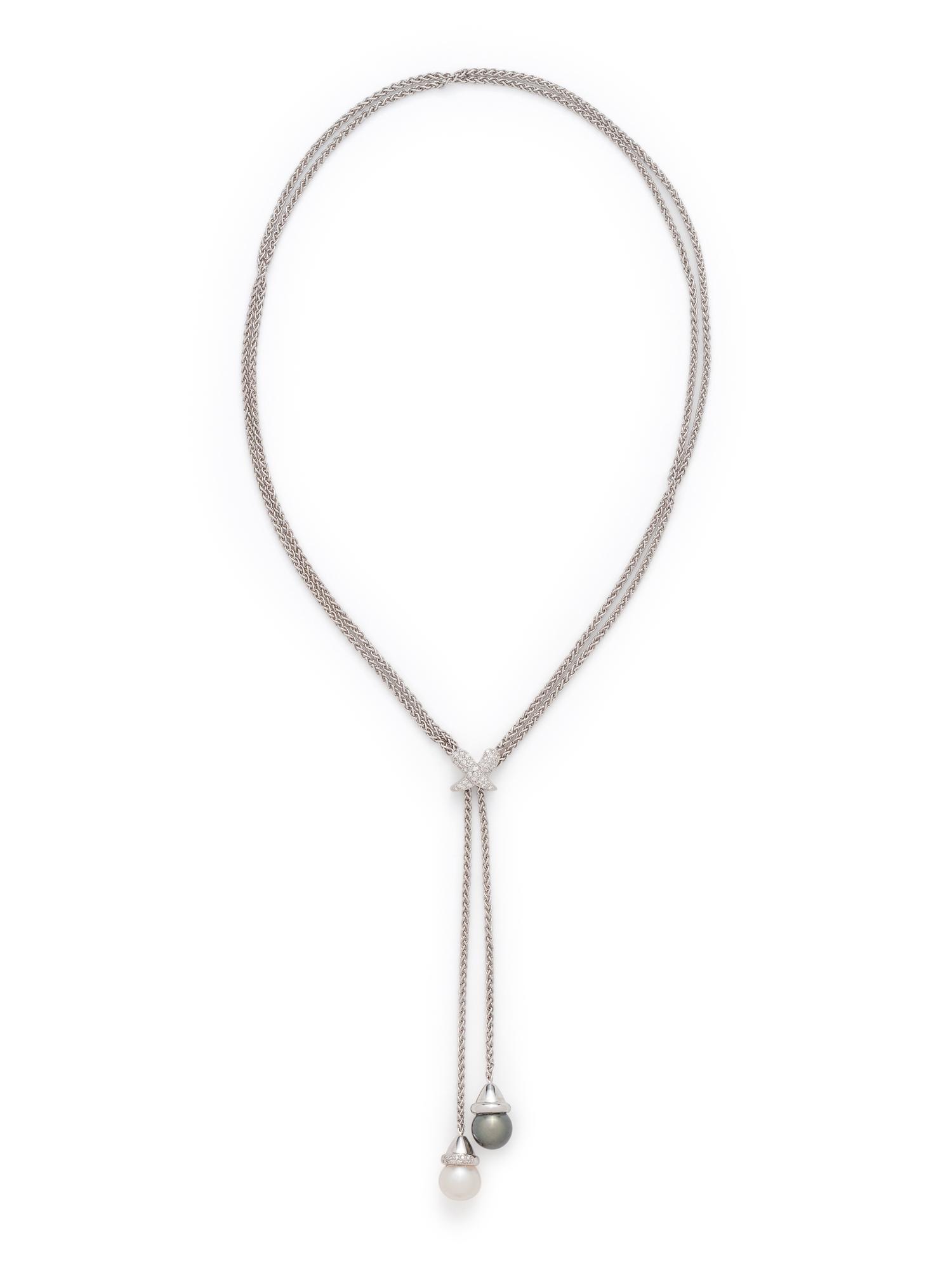 WHITE GOLD, CULTURED PEARL AND DIAMOND LARIAT NECKLACE