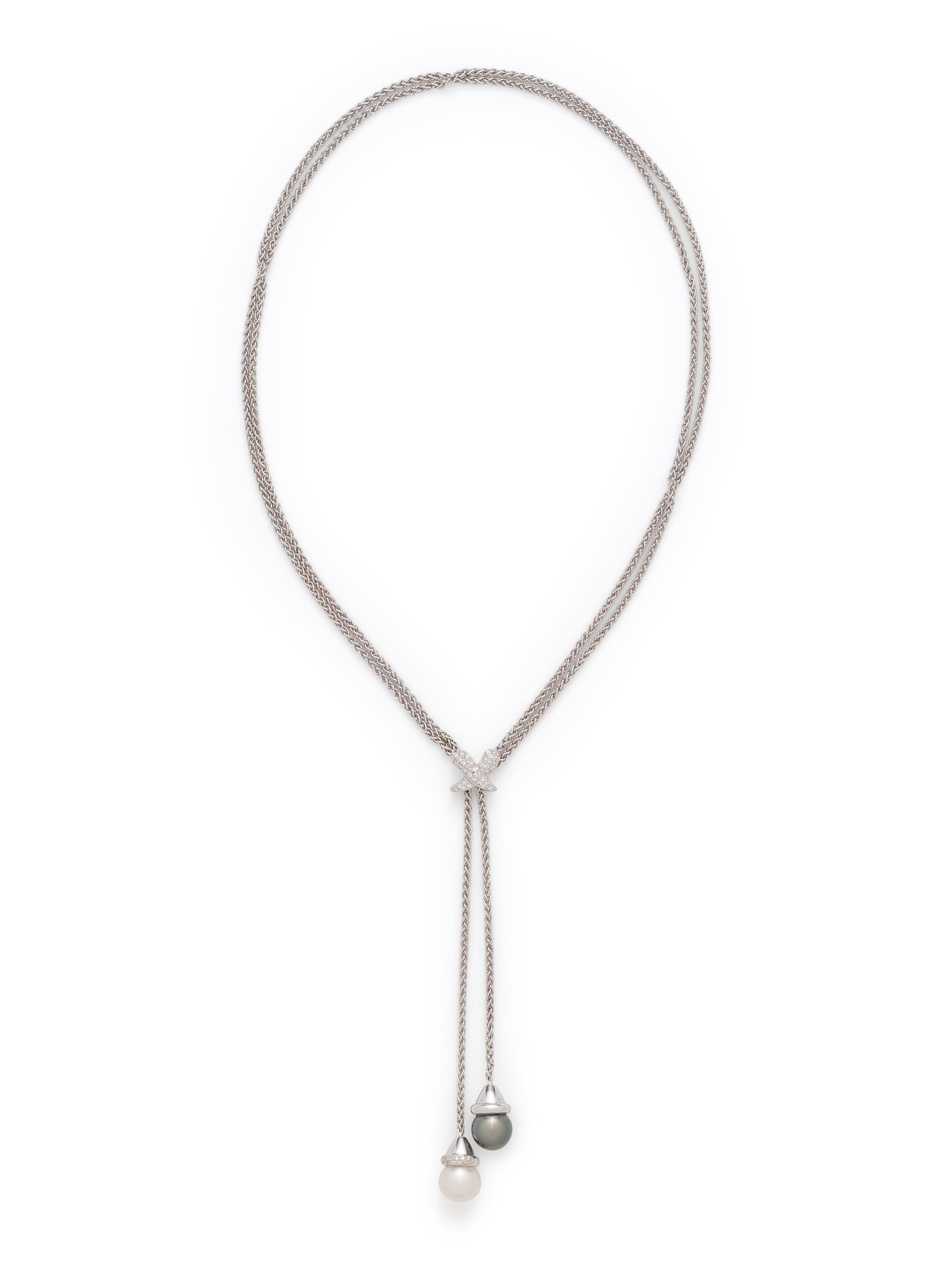 WHITE GOLD, CULTURED PEARL AND DIAMOND LARIAT NECKLACE