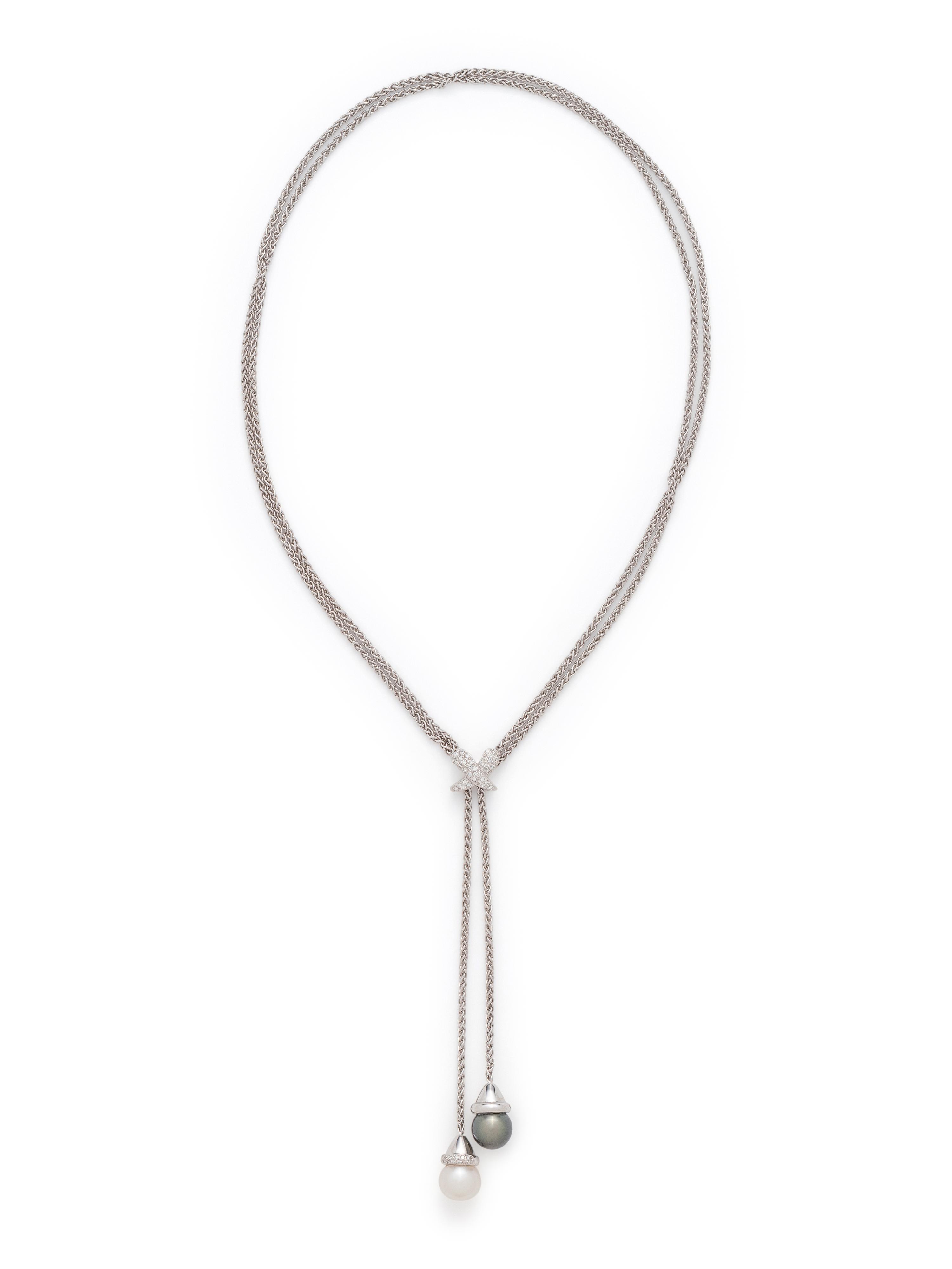 WHITE GOLD, CULTURED PEARL AND DIAMOND LARIAT NECKLACE