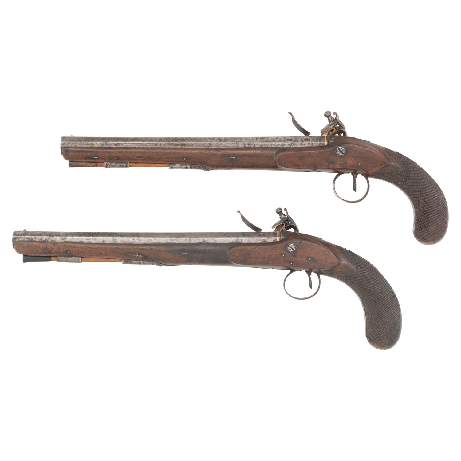Pair of Flintlock Pistols by Clarke with Detachable Stock in Repurposed Wood Case