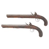 Pair of Flintlock Pistols by Clarke with Detachable Stock in Repurposed Wood Case