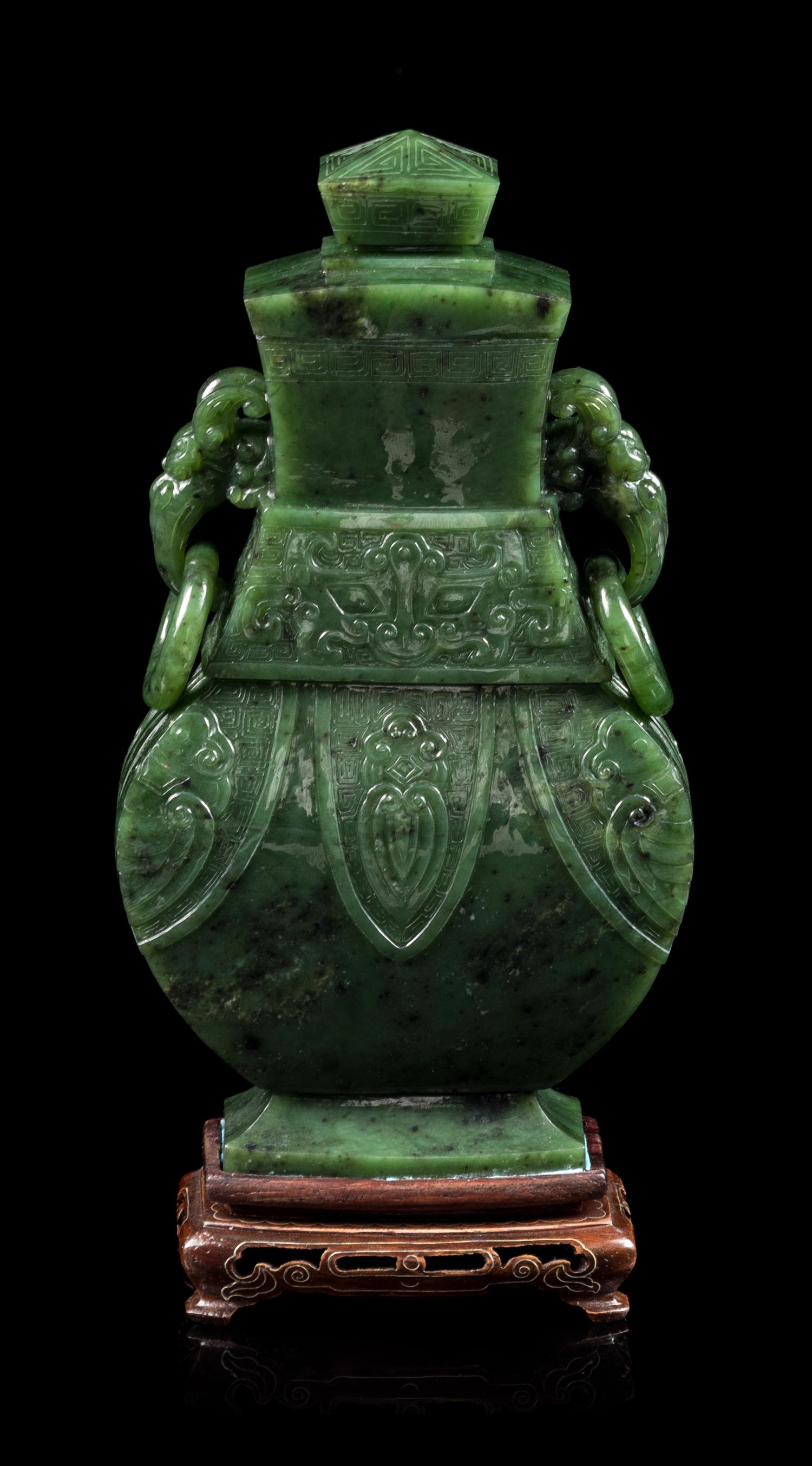 A Spinach Jade Covered Vase, Height 7 1/4 inches. — EARLY 20TH CENTURY