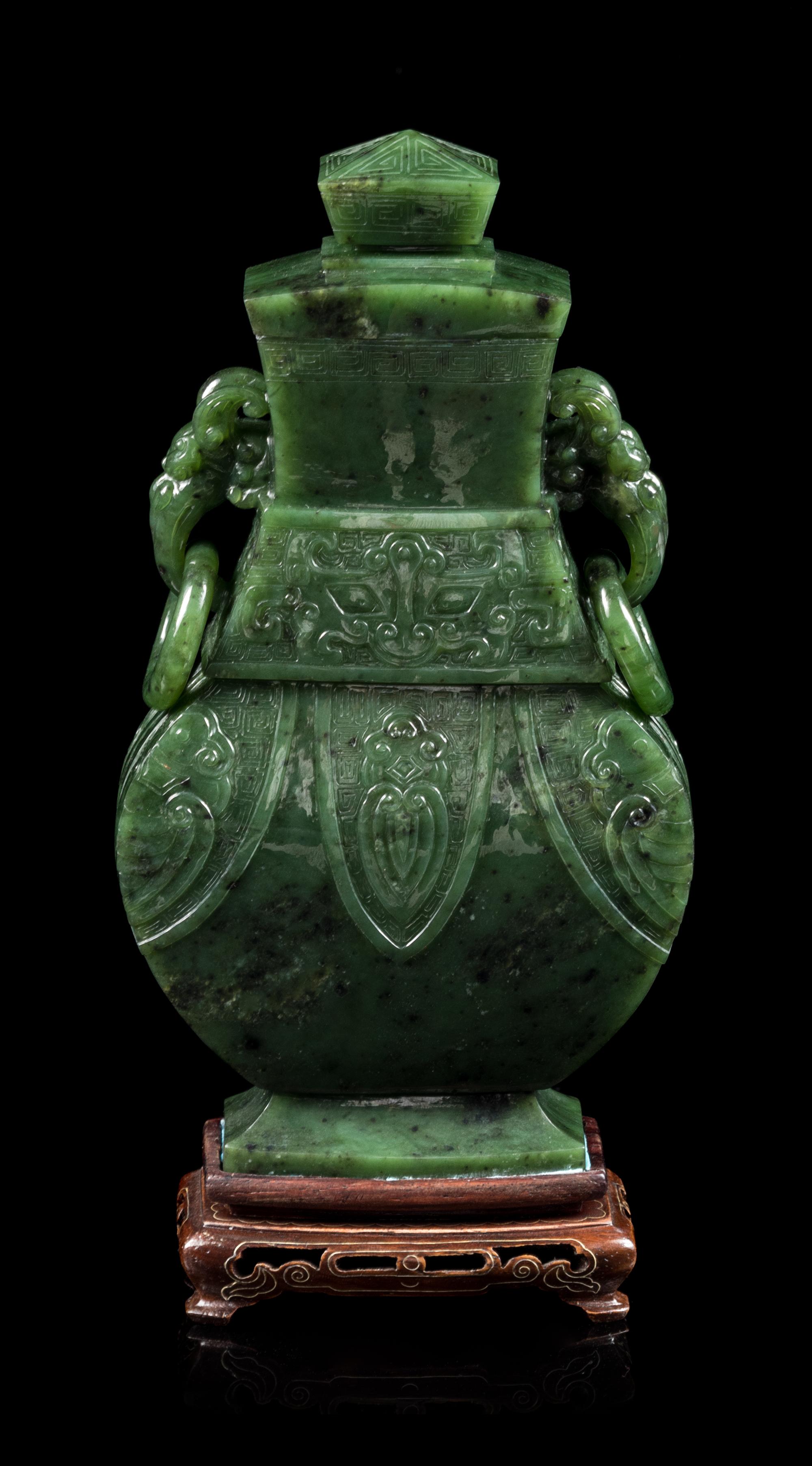 A Spinach Jade Covered Vase, Height 7 1/4 inches. — EARLY 20TH CENTURY