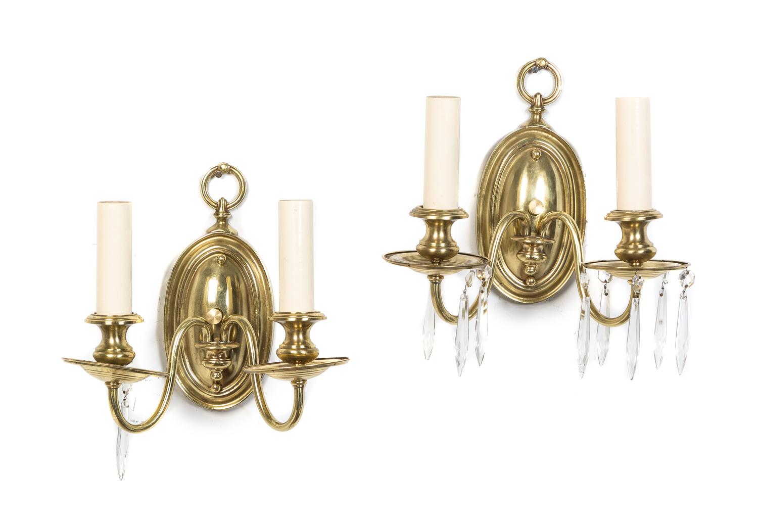 A Pair of Brass Two-Light Sconces Height 9 3/4 inches.