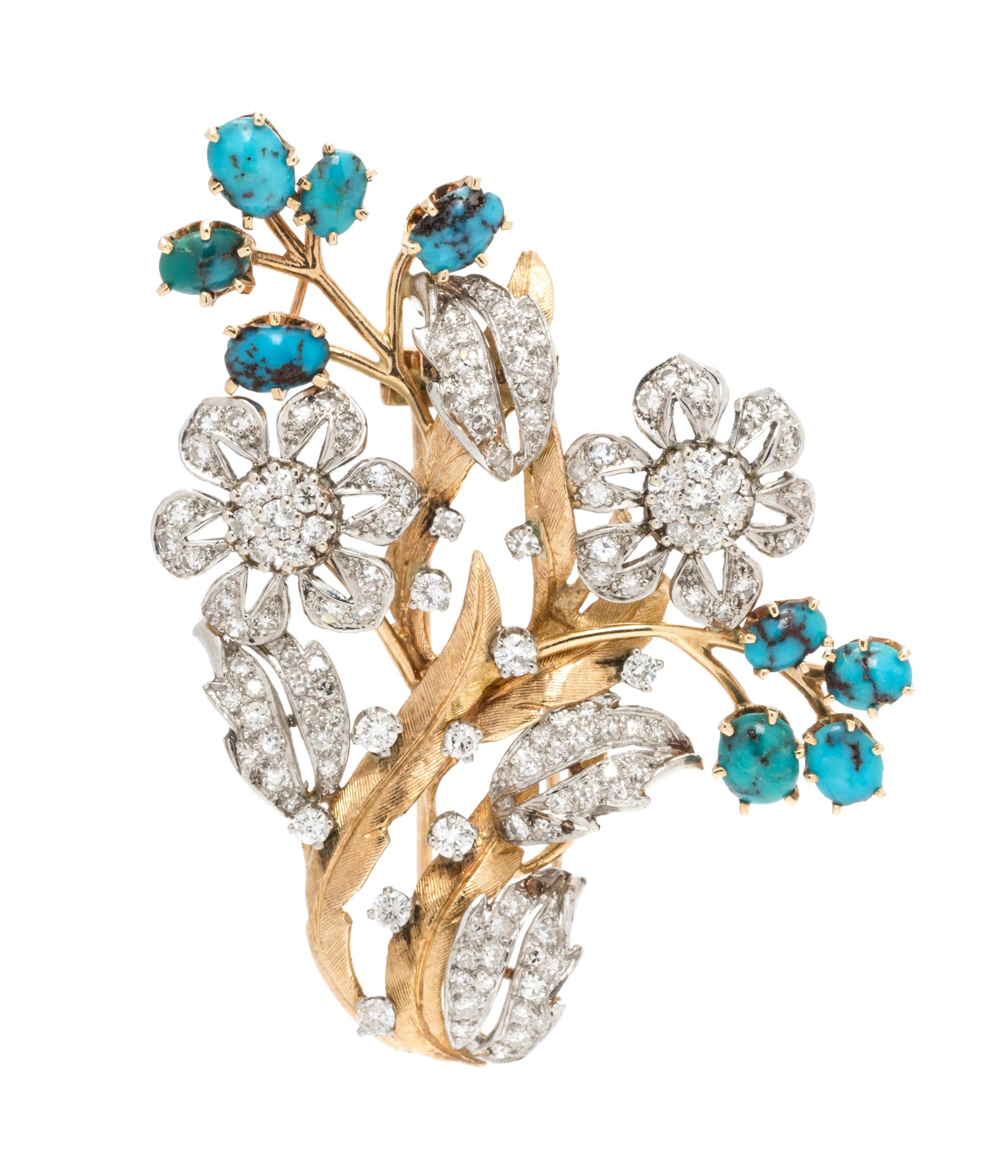 A 14 Karat Bicolor Gold, Diamond and Turquoise Floral Motif Brooch, 15.20 dwts.