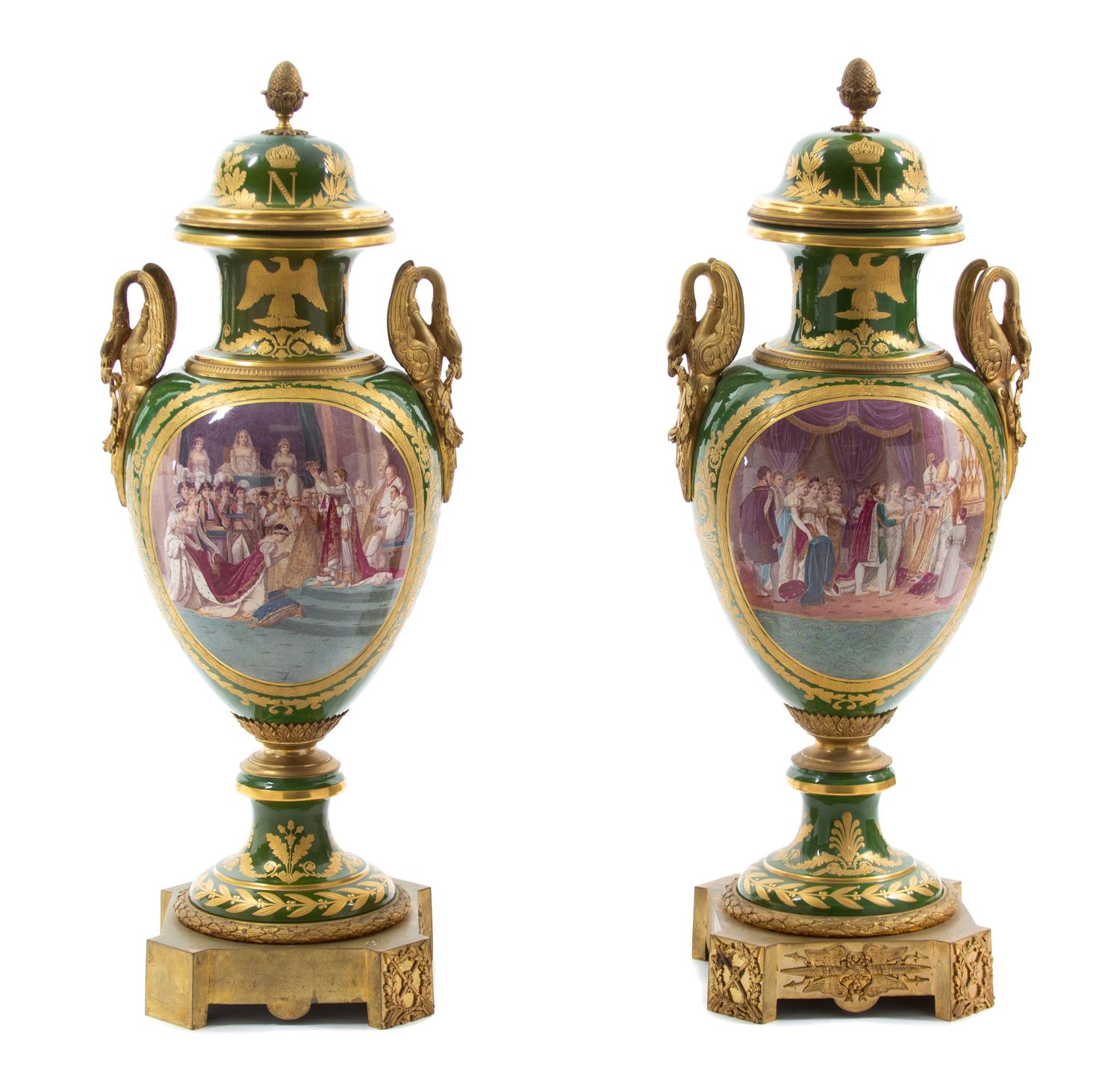 A Pair of Monumental Gilt Bronze Mounted Sevres Style Porcelain Napoleonic Urns Height 41 1/2 inches. — 19TH CENTURY