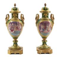 A Pair of Monumental Gilt Bronze Mounted Sevres Style Porcelain Napoleonic Urns Height 41 1/2 inches. — 19TH CENTURY