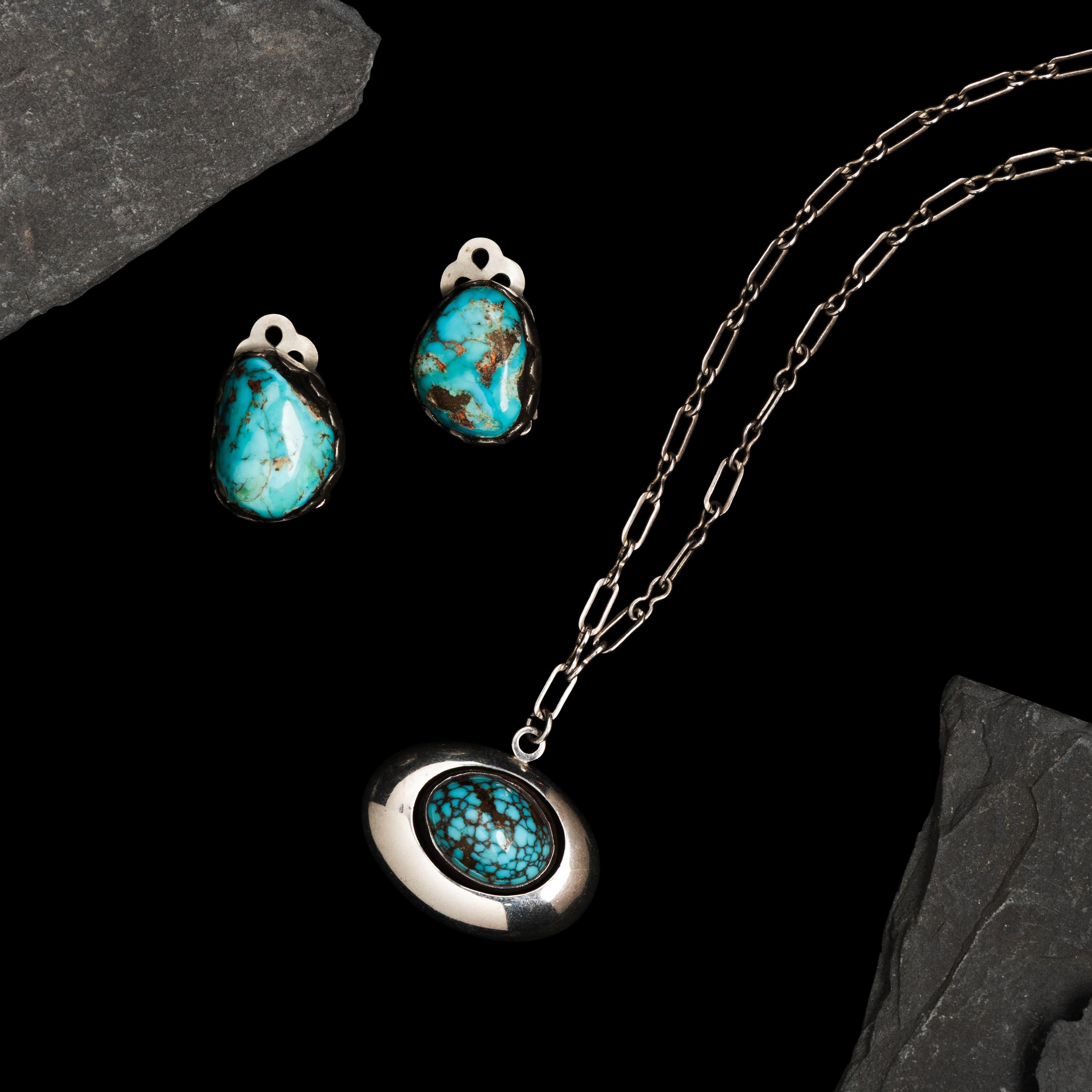 Frank Patania, Sr. (American, 1899-1964) — Southwestern-style Sterling Silver and Turquoise Clip Earrings, PLUS