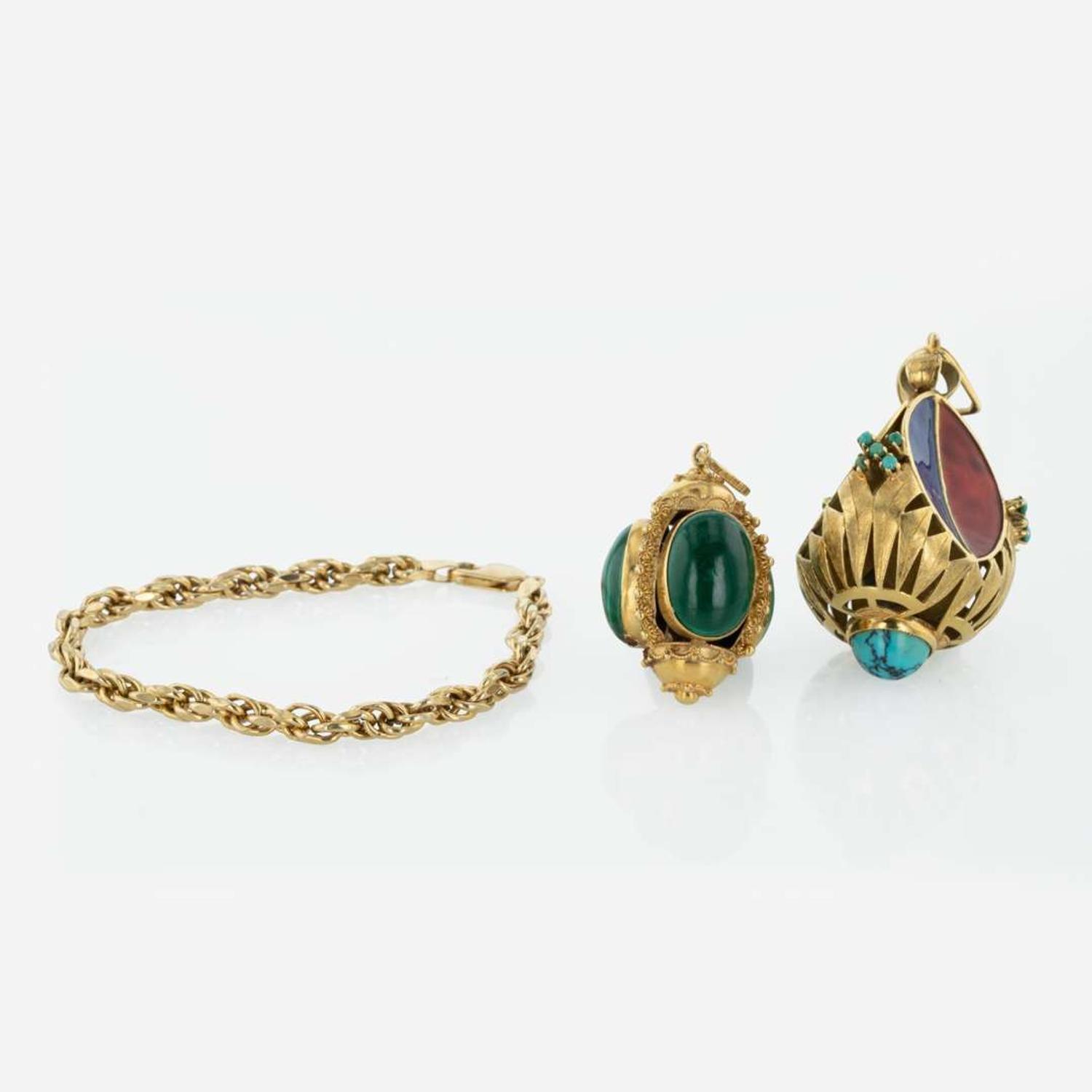 A 14K Yellow Gold Bracelet and Two Vintage Yellow Gold Charms