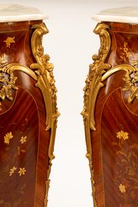 A Pair of Louis XV Style Gilt Bronze Mounted Marquetry Marble-Top Pedestals, 20th Century