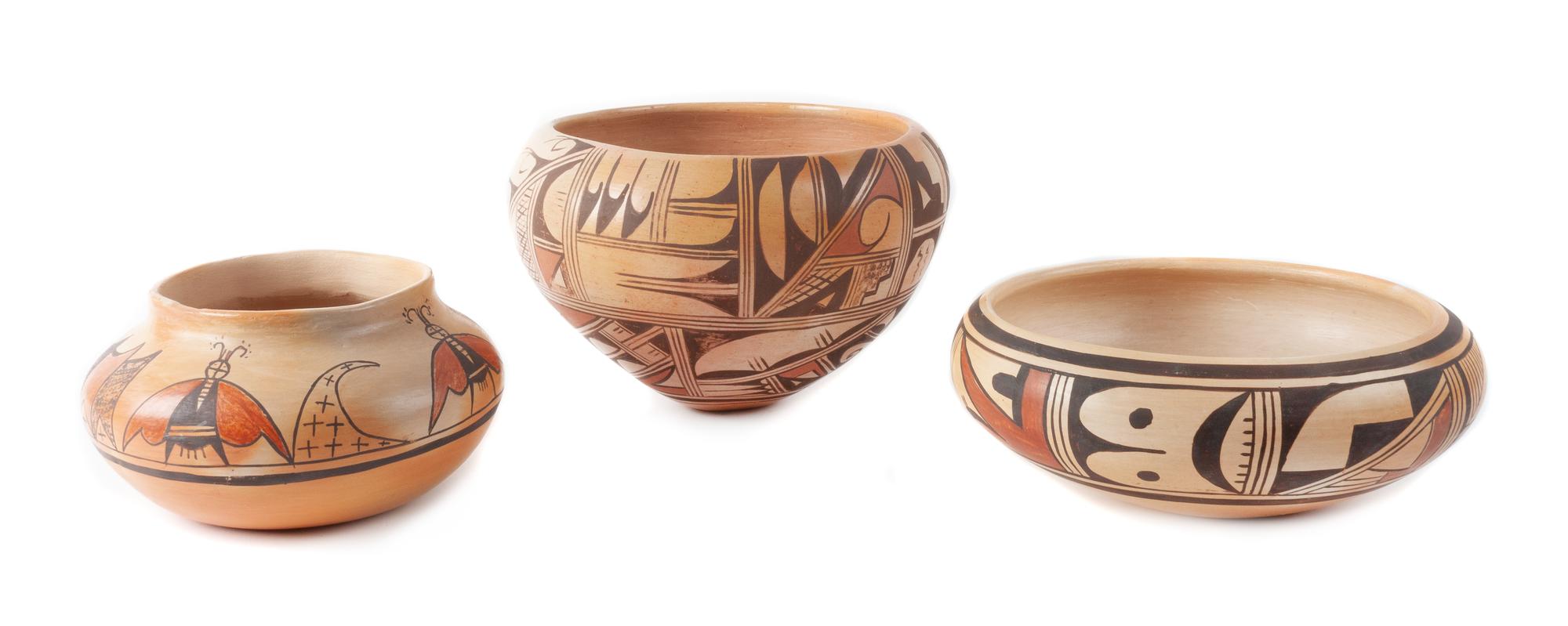 Three Hopi Polychrome Vases Height of largest 6 1/4 x 9 inches