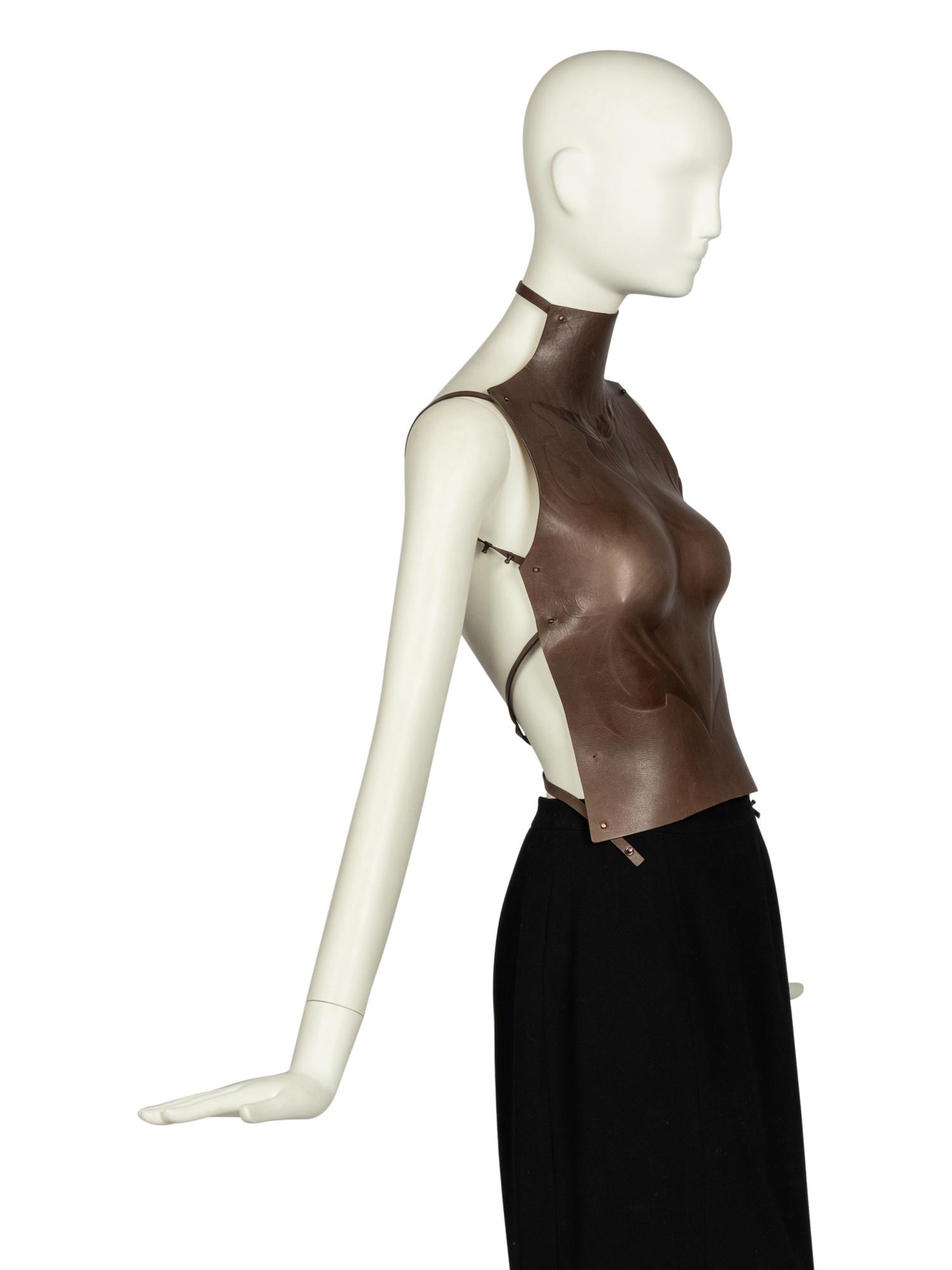 Issey Miyake Brown Leather Bustier With Tooled Art Nouveau-Like Design, F/W 2006