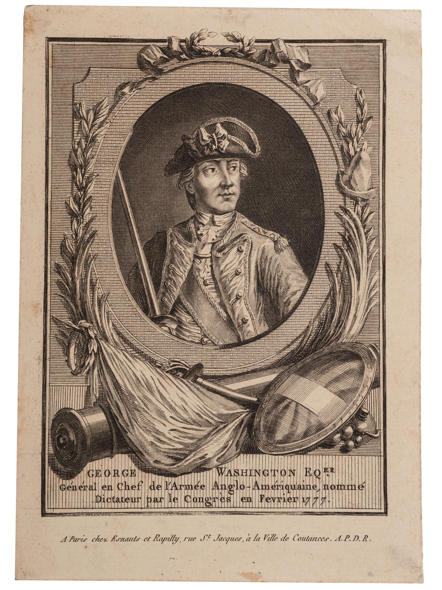 [WASHINGTON, George (1732-1799)]. ESNAUTS et RAPILLY (1775-1811), publisher. [Dupin, engraver]. George Washington EQer. Général en Chef de l'Armée Anglo-Amériquaine, nommé Dictateur par le Congrès en Fevrier 1777.