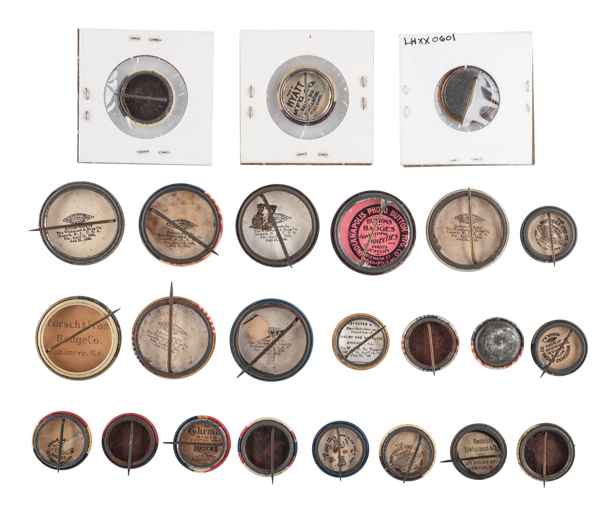 [POLITICS]. A group of 24 campaign buttons promoting McKinley, Roosevelt, Bryan, Hughes, Taft, Wilson, Woolley, Metcalf, and Coolidge, incl. jugate examples.