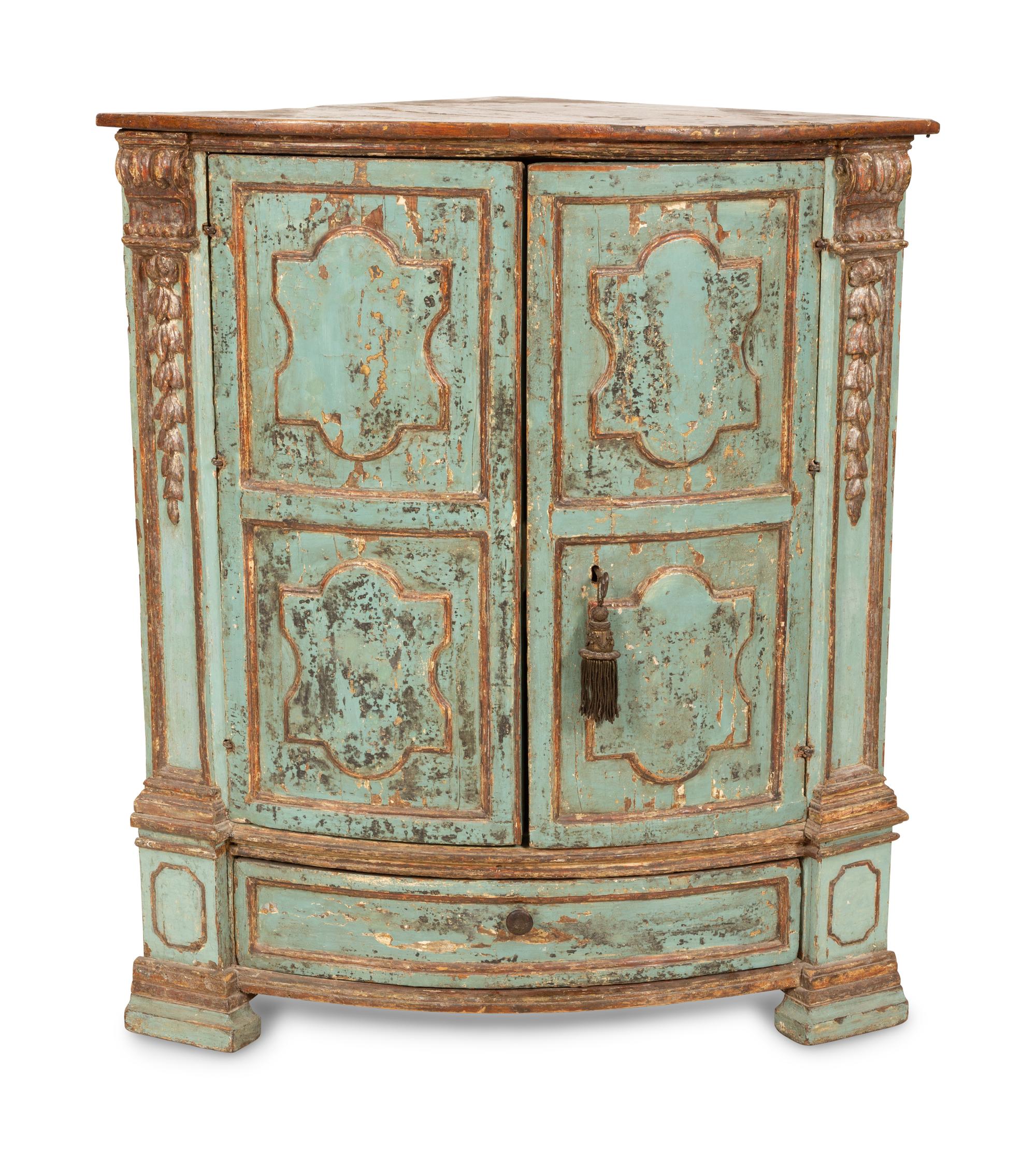 An Italian Painted and Parcel Gilt Corner Cabinet with Faux Marble Top