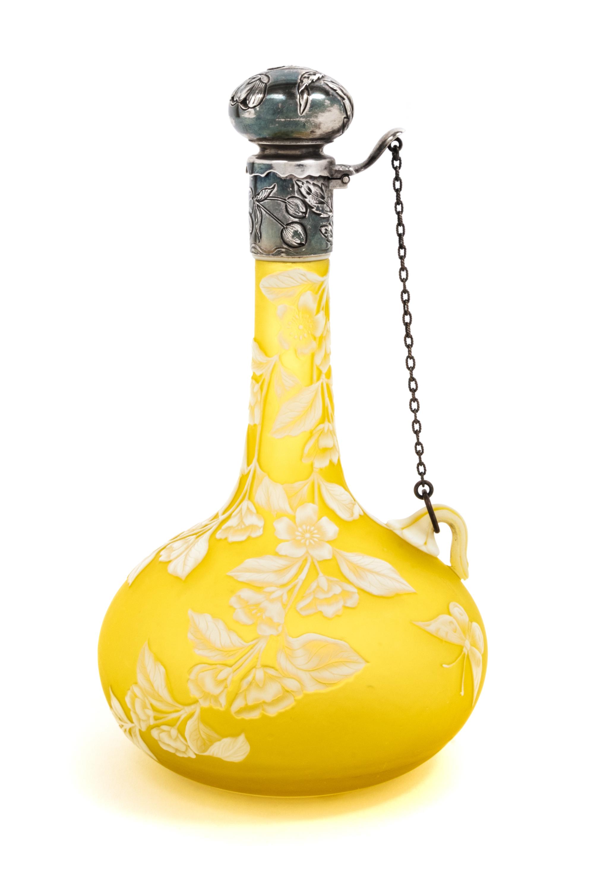 Attributed to Thomas Webb & Sons, LATE 19TH CENTURY, a silver mounted cameo glass bottle, with floral and butterfly decoration
