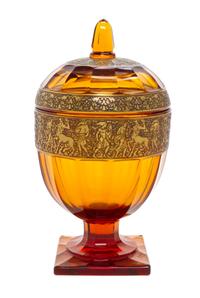 A Moser Amber Glass Covered Compote, Height 10 1/2 inches.