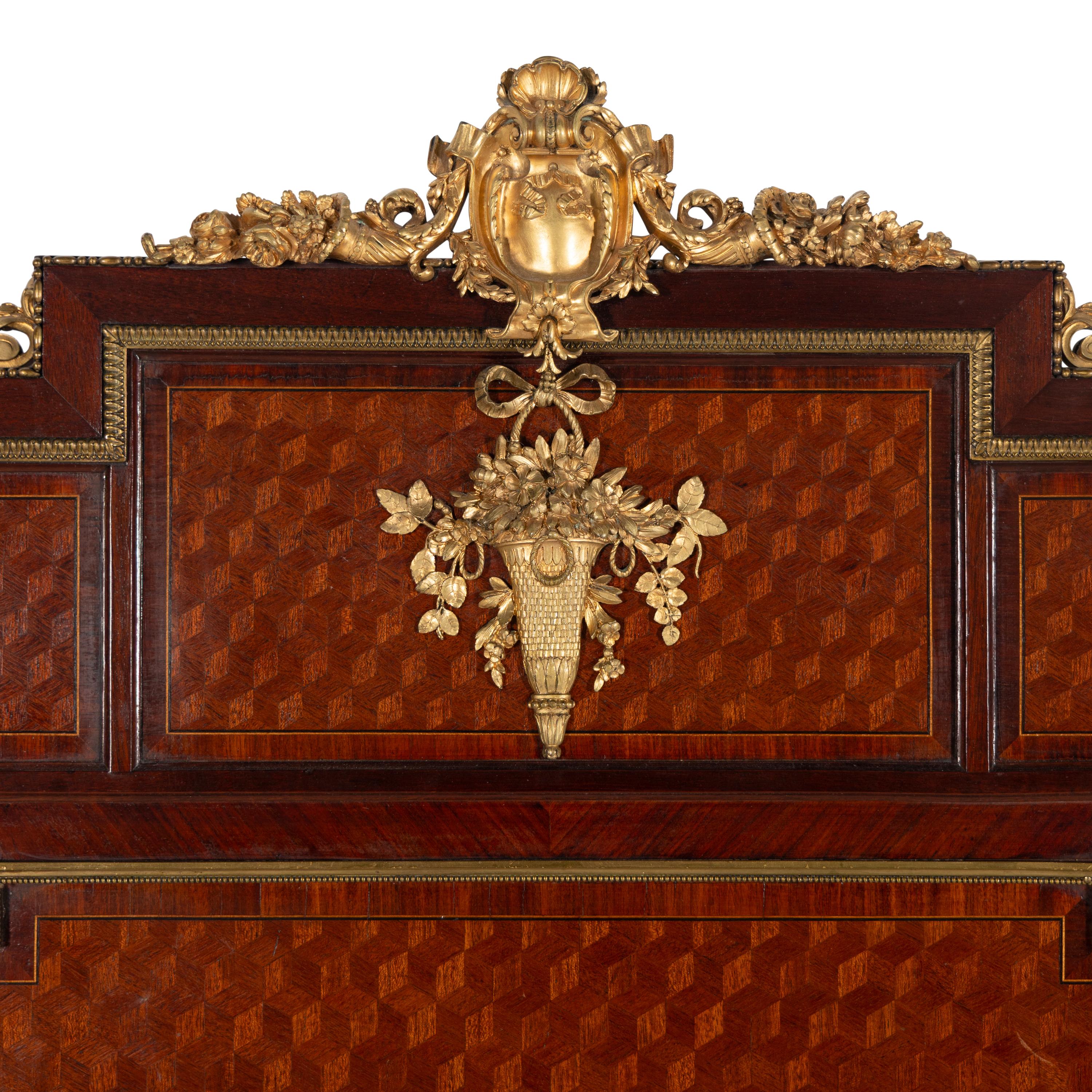 A Louis XVI Style Mahogany, Parquetry and Gilt Bronze Mounted Bed