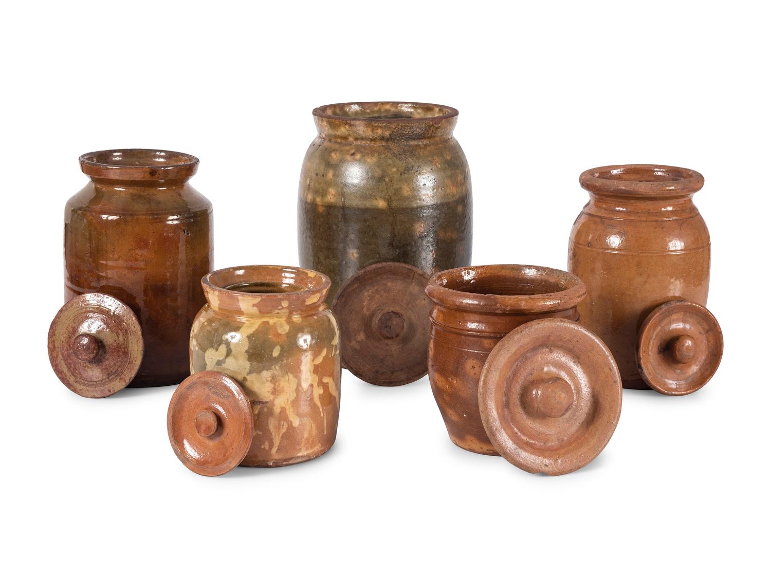 Five Galena Glaze Redware Lidded Crocks