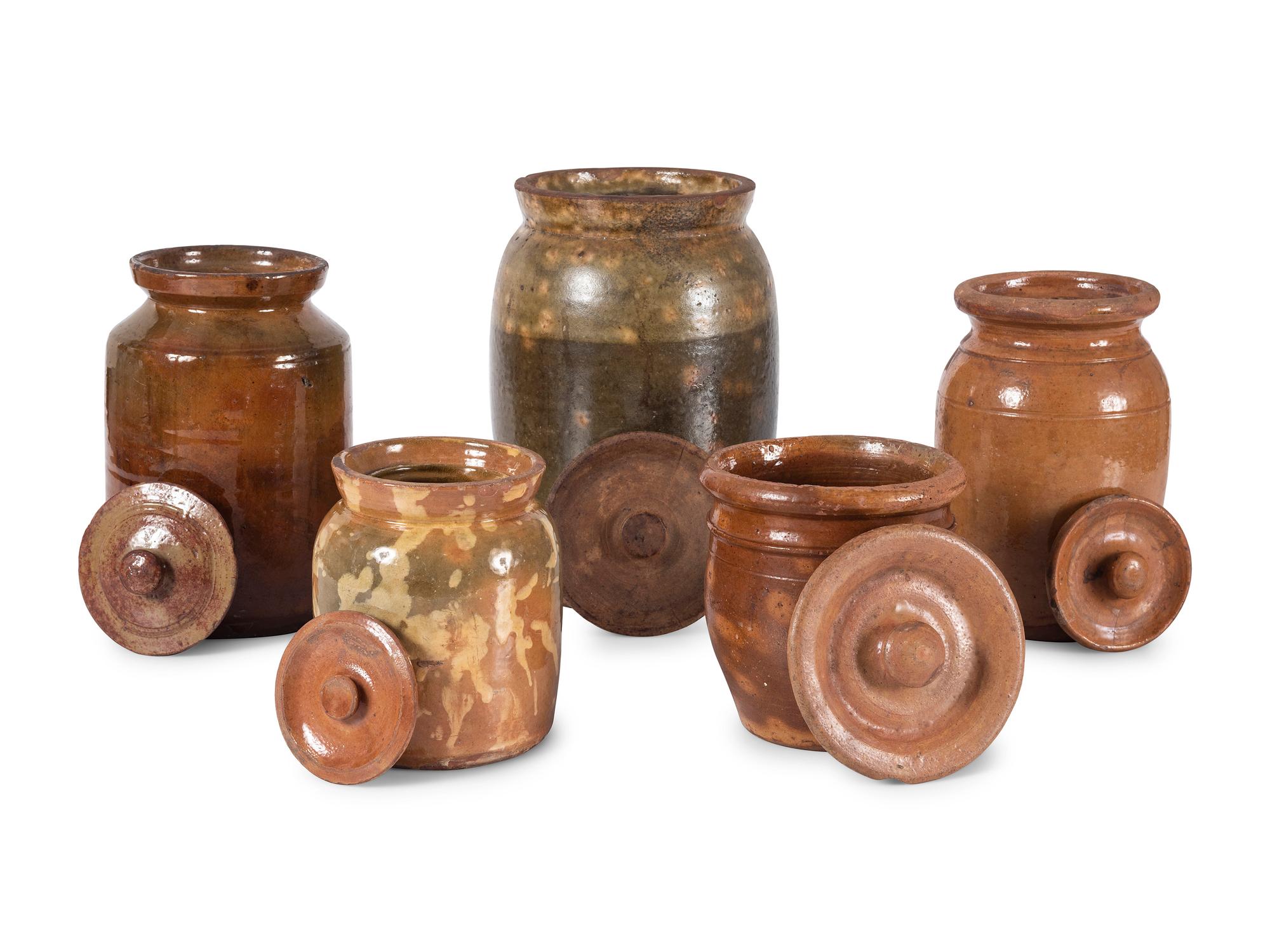 Five Galena Glaze Redware Lidded Crocks