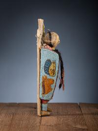 Nez Perce Beaded Pictorial Toy Cradle, with Doll