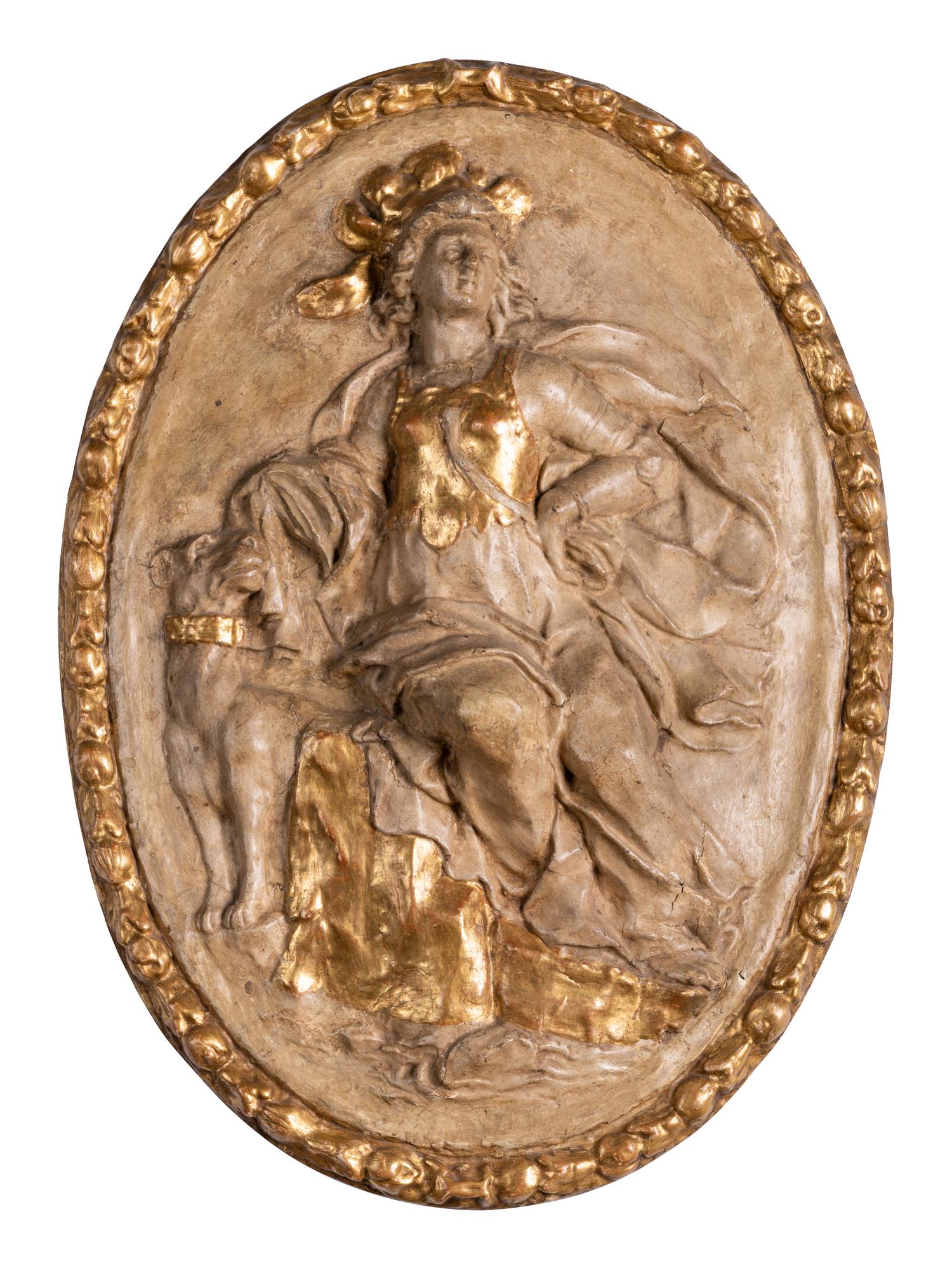 Four Italian Neoclassical Painted and Parcel-Gilt Papier-Mâché Relief Plaques