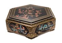 A Black Lacquer Covered Box Diameter 19 3/4 inches.