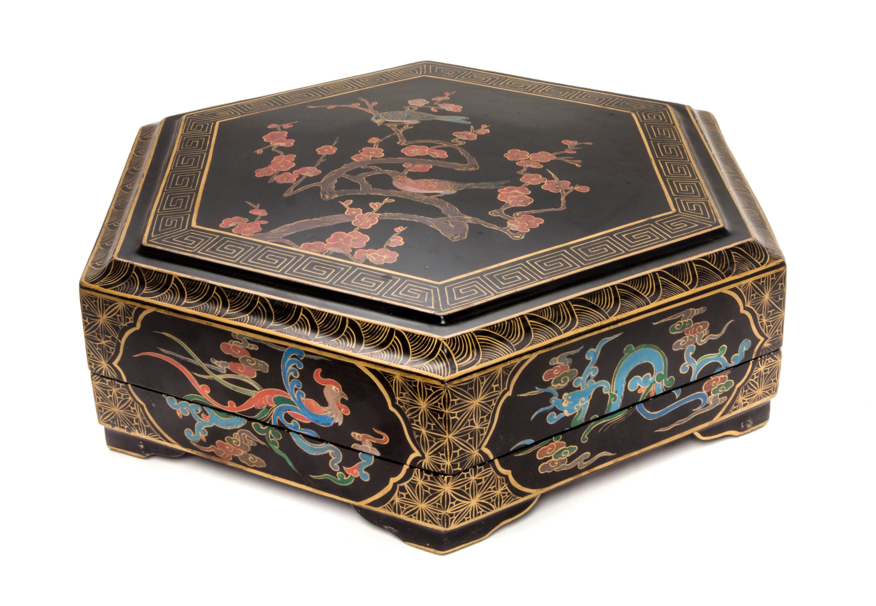 A Black Lacquer Covered Box Diameter 19 3/4 inches.