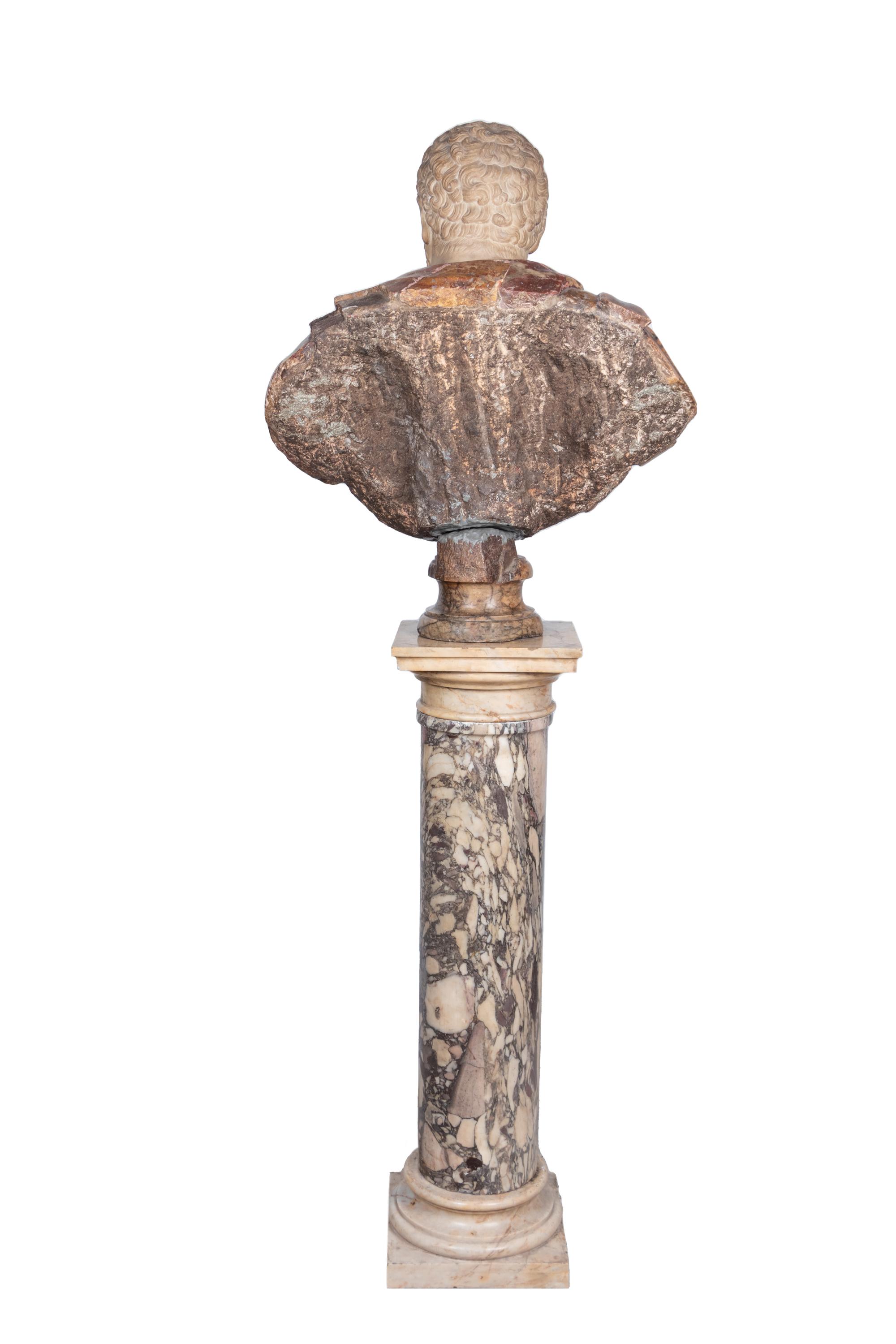 A Mixed Marble Portrait Bust of Caracalla with a Continental Marble Column