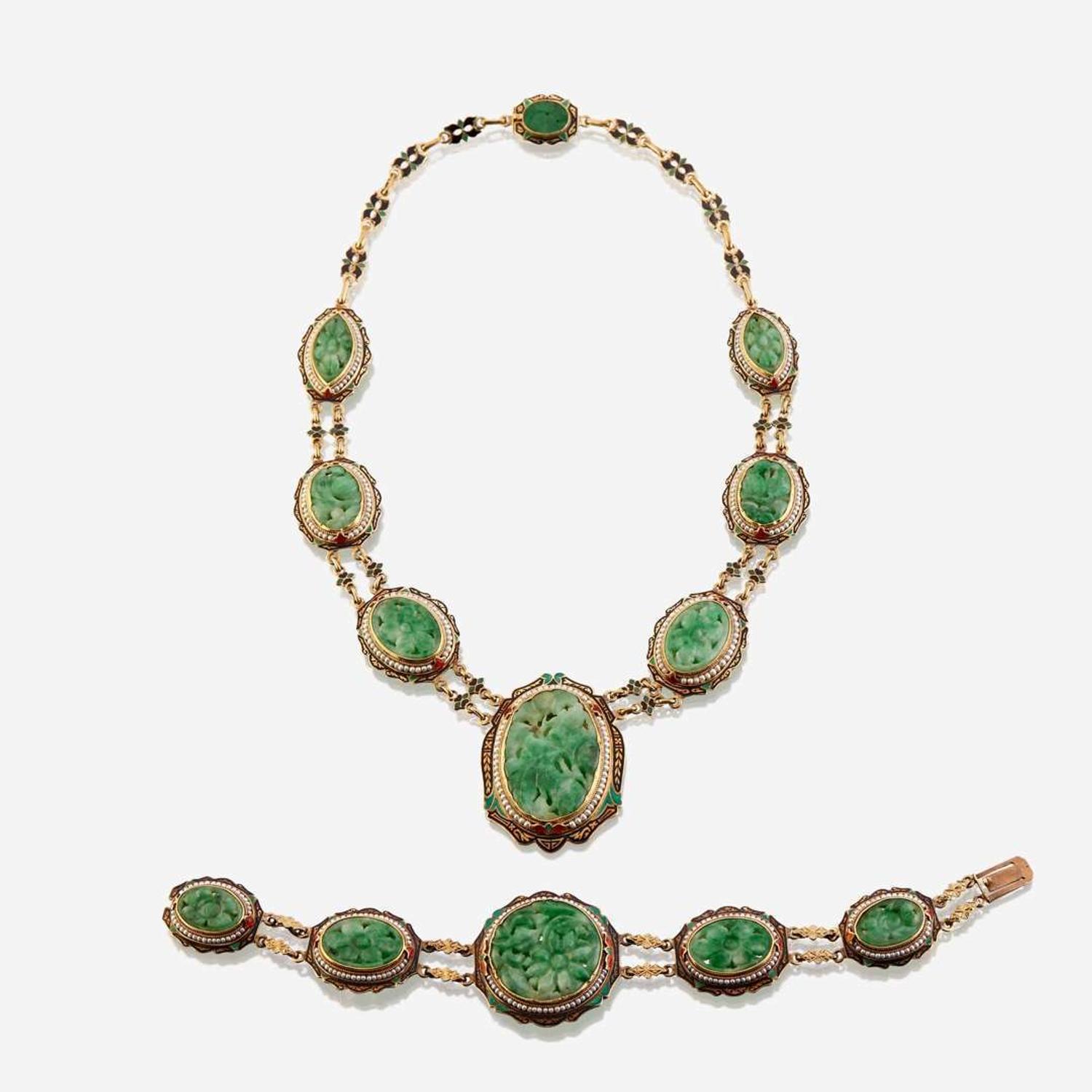 A fourteen karat gold, jadeite jade, enamel, and seed pearl necklace with matching bracelet