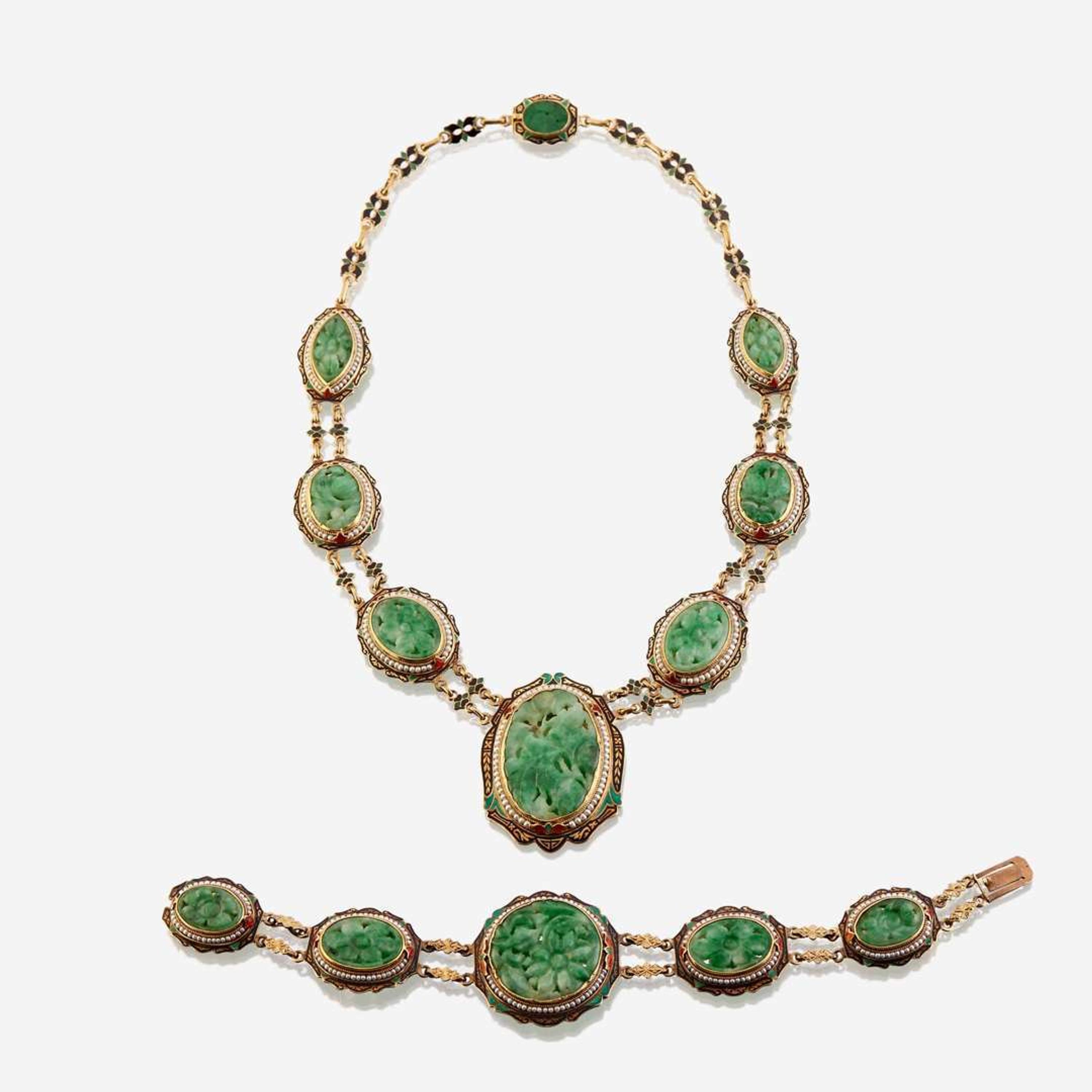 A fourteen karat gold, jadeite jade, enamel, and seed pearl necklace with matching bracelet