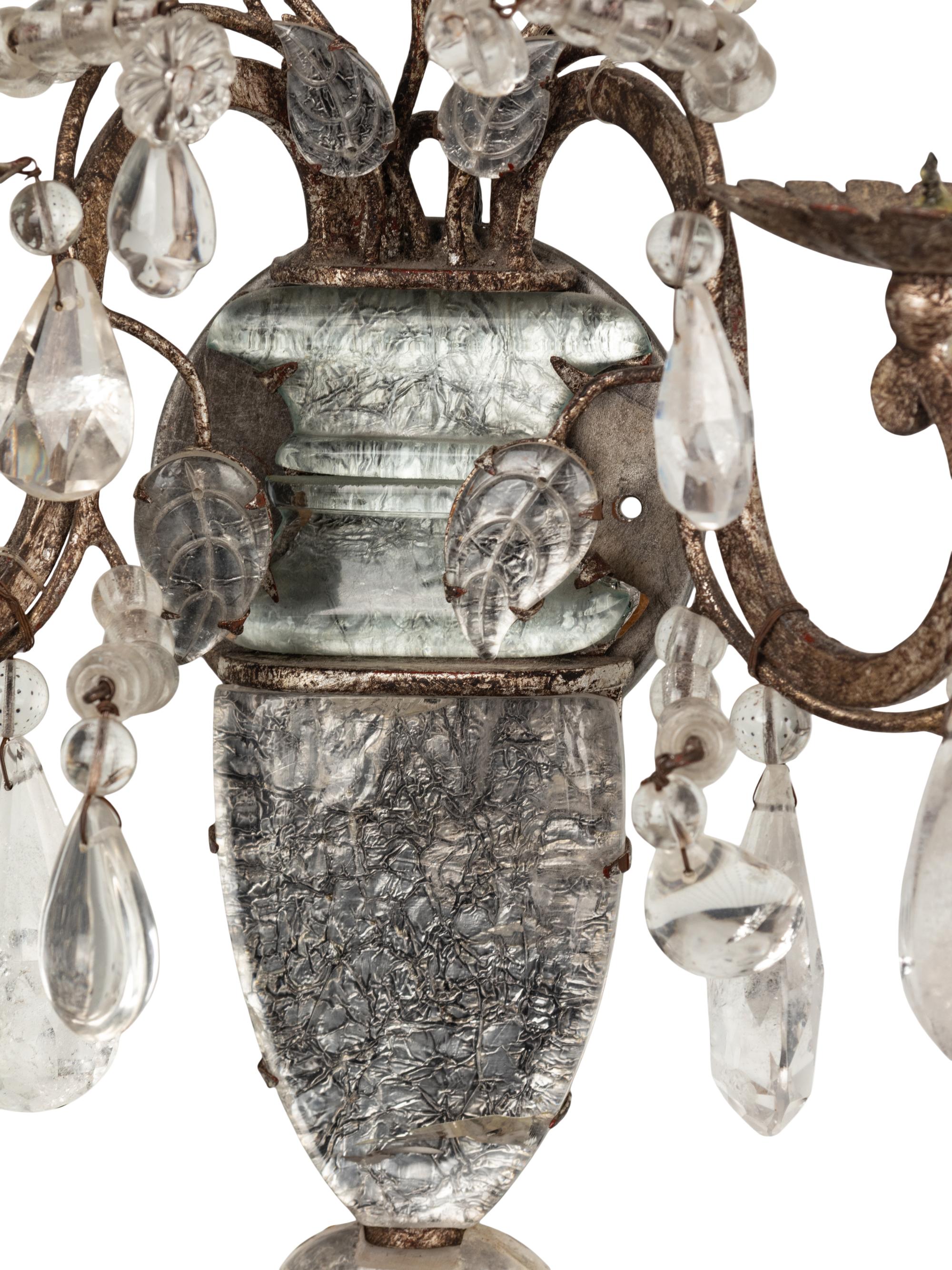 A Pair of French Silvered-Metal, Glass and Rock Crystal Two-Light Candelabra