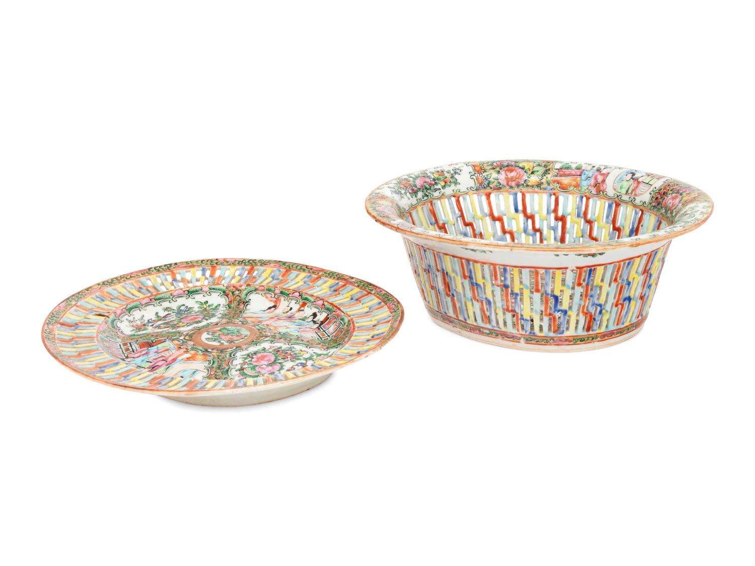 A Chinese Export Rose Medallion Porcelain Basket and Underplate