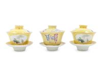 Two Pairs of Chinese Yellow Ground Famille Rose Porcelain Tea Cups