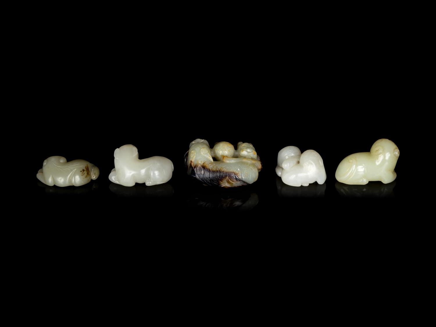 Five Chinese Celadon Jade Carved Recumbent Mythical Beasts