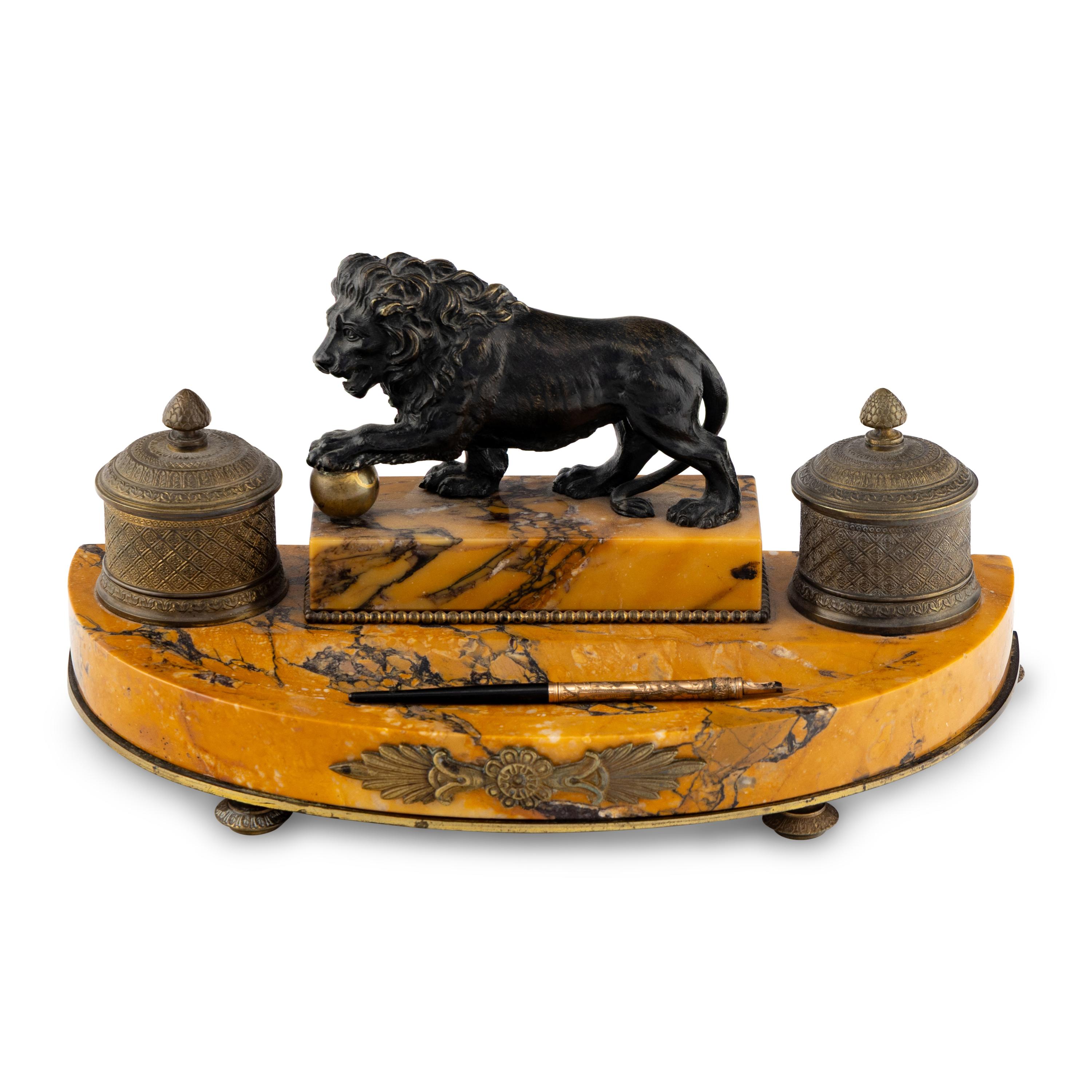 A French Bronze and Marble Encrier with a Lion