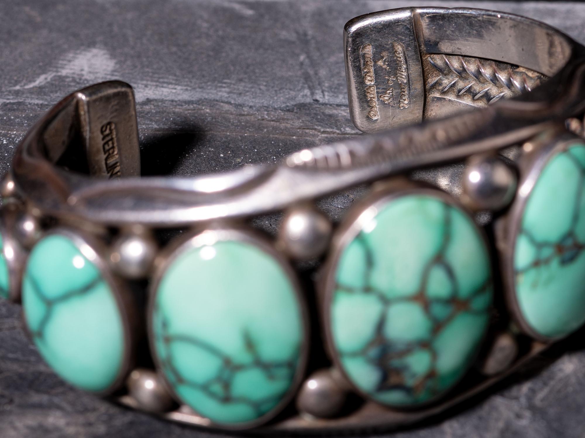 Sterling Silver and High Grade Turquoise Squash Blossom Necklace and Matching Cuff Bracelet