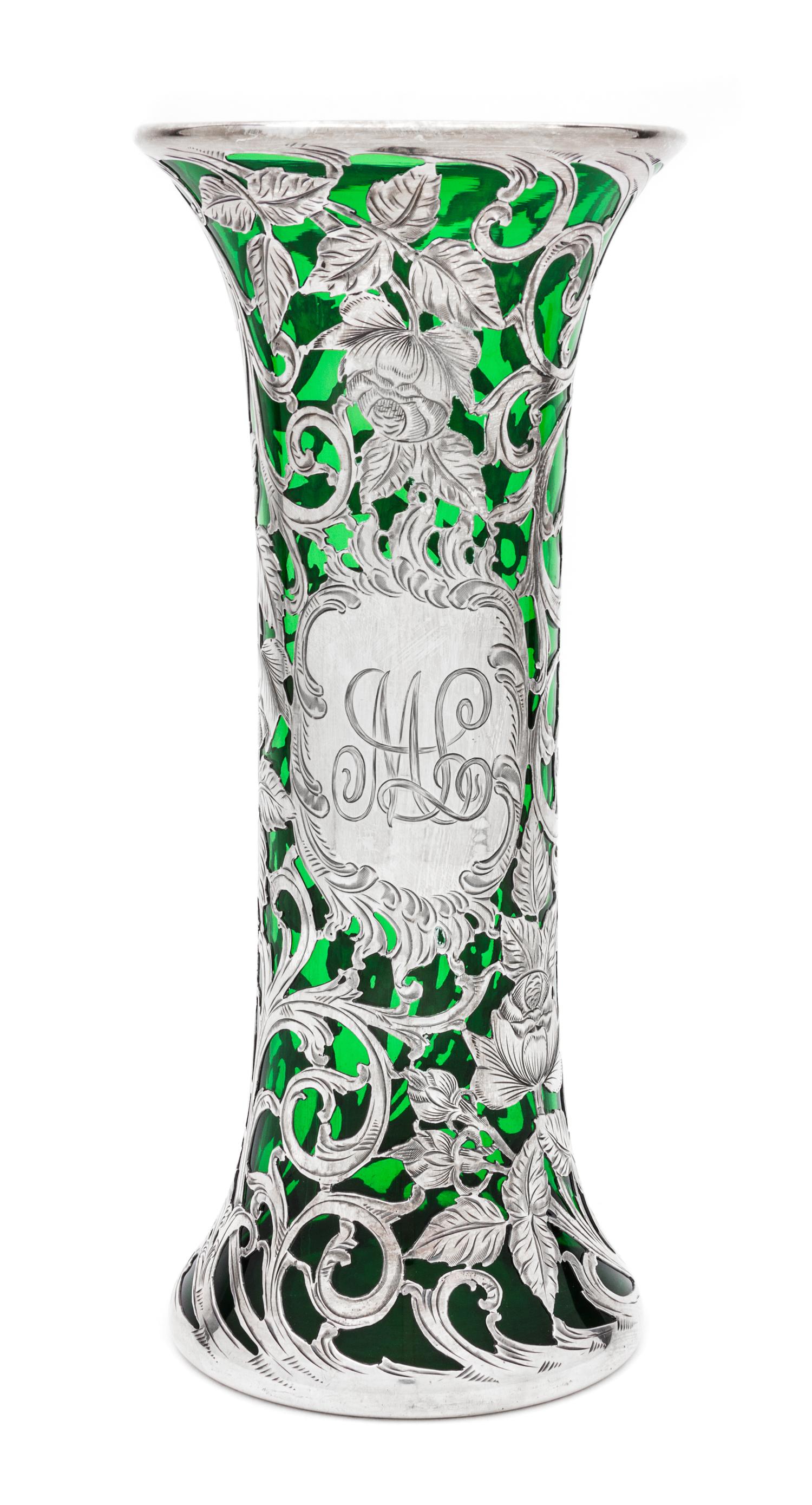A Silver Overlay Glass Vase Height 10 3/8 inches.