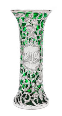 A Silver Overlay Glass Vase Height 10 3/8 inches.