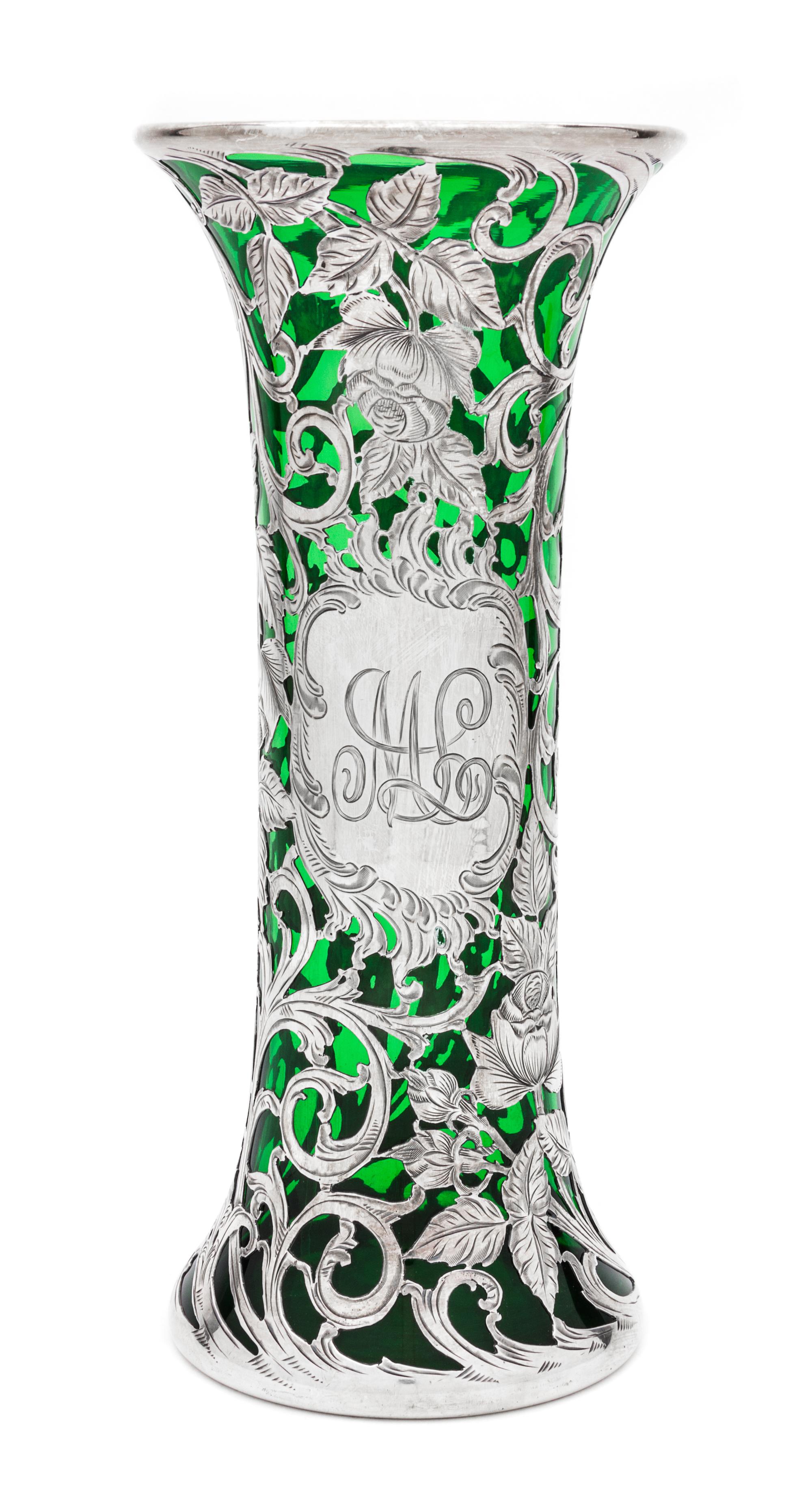 A Silver Overlay Glass Vase Height 10 3/8 inches.