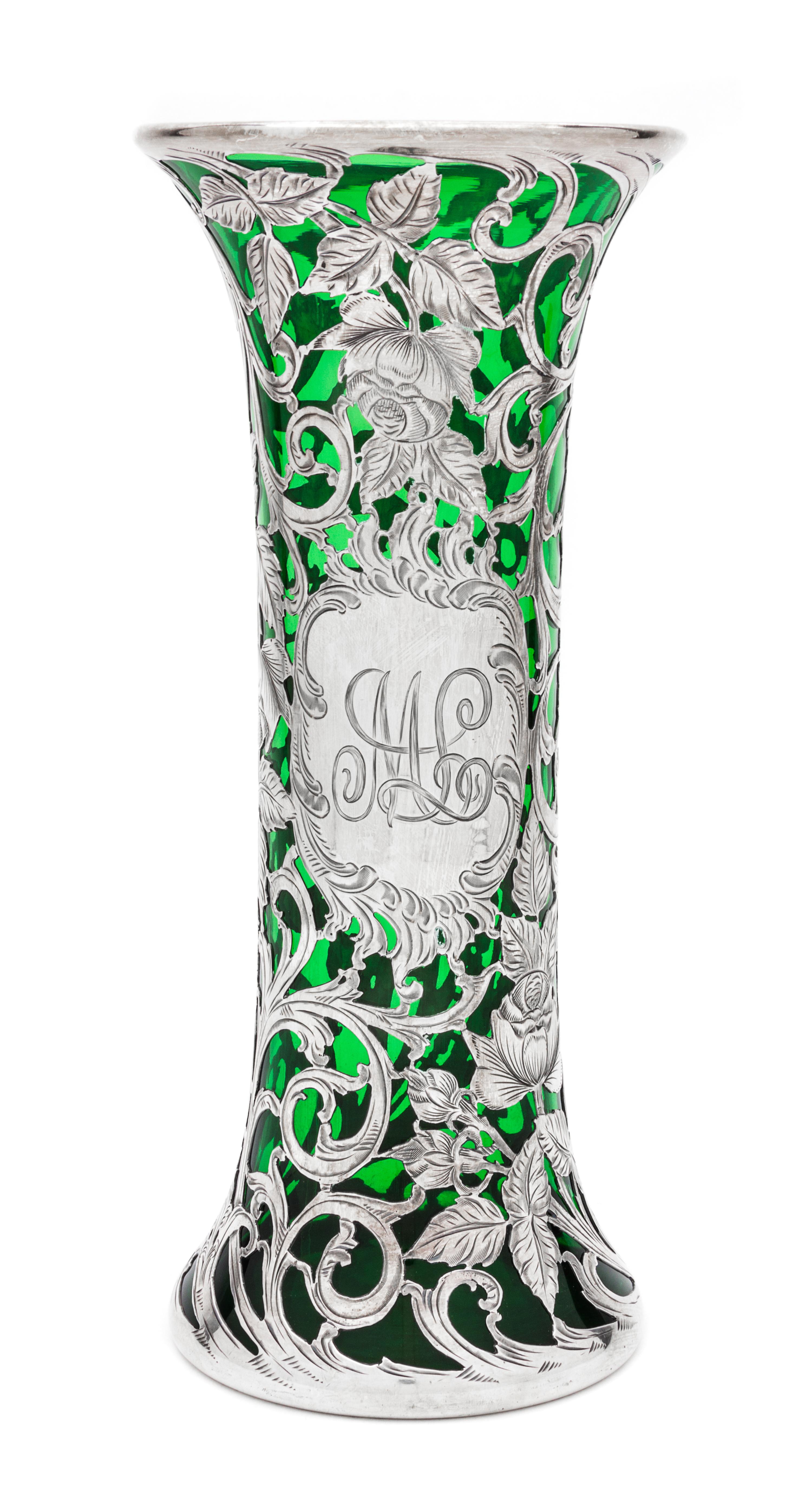 A Silver Overlay Glass Vase Height 10 3/8 inches.