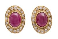 A Pair of 14 Karat Yellow Gold, Ruby and Diamond Earclips, 5.60 dwts.