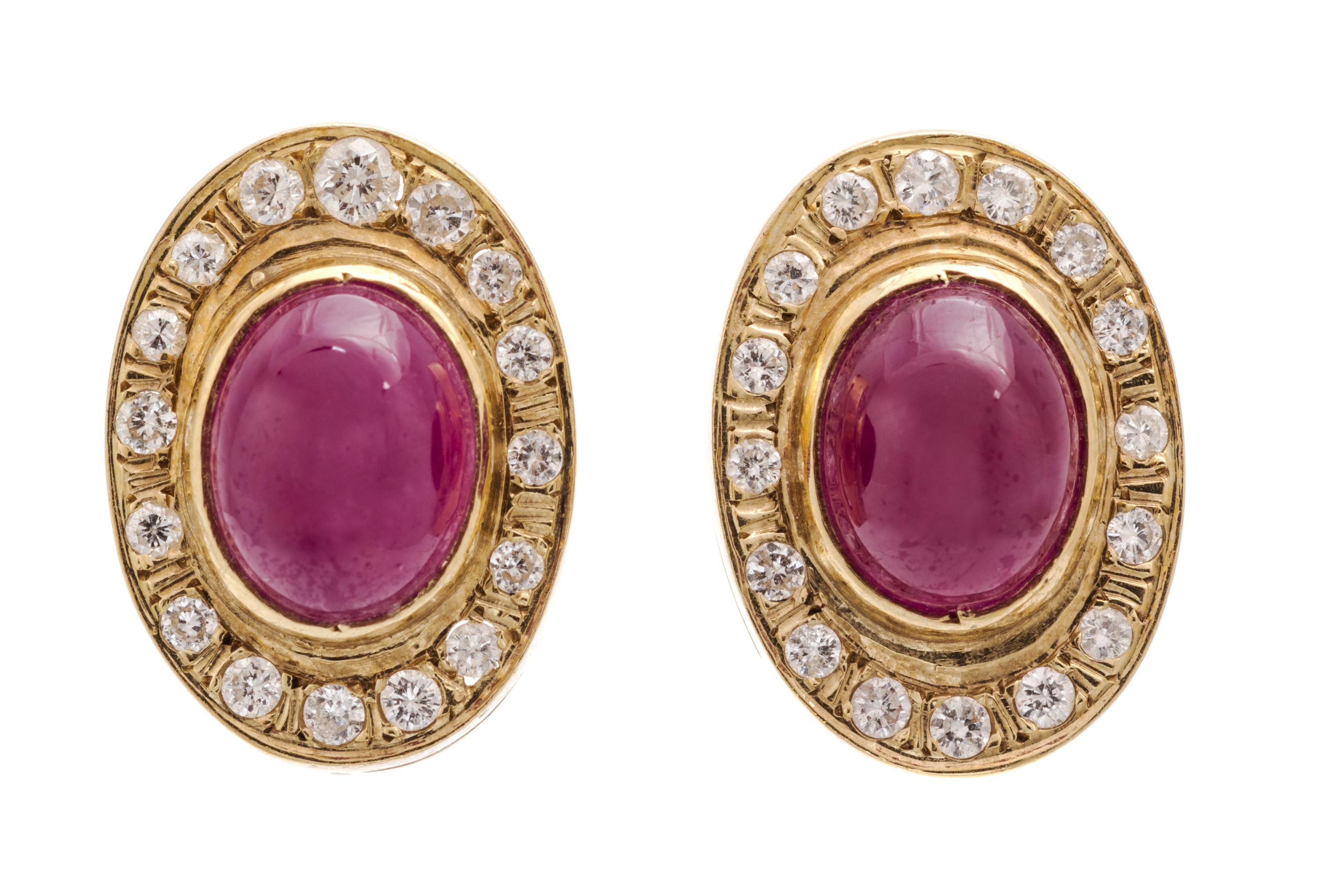 A Pair of 14 Karat Yellow Gold, Ruby and Diamond Earclips, 5.60 dwts.
